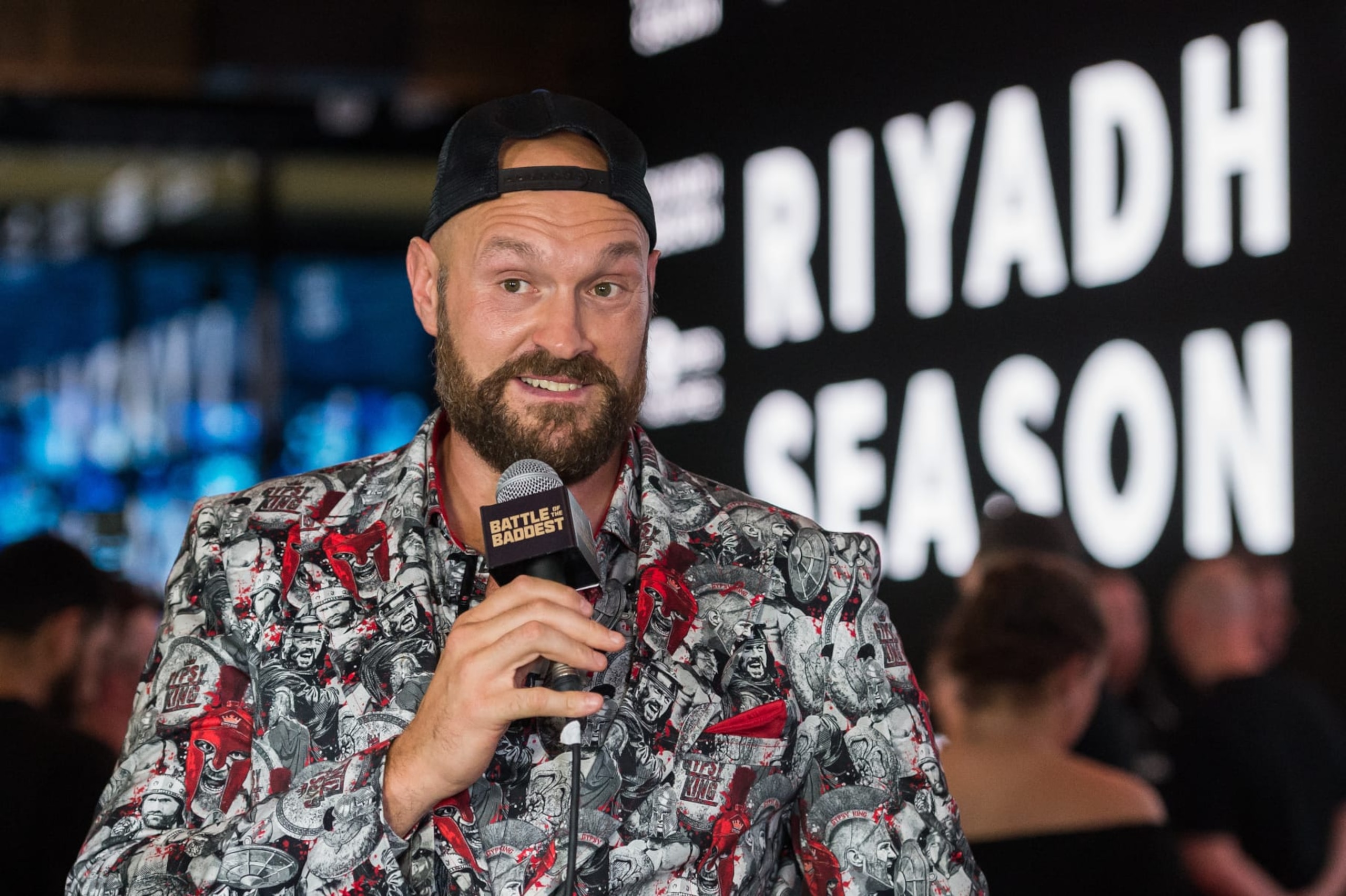 LONDON, UNITED KINGDOM - SEPTEMBER 07: Tyson Fury, lineal & WBC Heavyweight Boxing World Champion gives an interview to the media as he arrives for the Tyson Fury vs Francis Ngannou kick-off press conference at the Here at Outernet in London, United Kingdom on September 07, 2023. Fury and Ngannou will take part in a 10-round boxing match on Saturday, October 28th in Riyadh, Saudi Arabia, which will mark the opening of this year's Riyadh Season. (Photo by Wiktor Szymanowicz/Anadolu Agency via Getty Images)