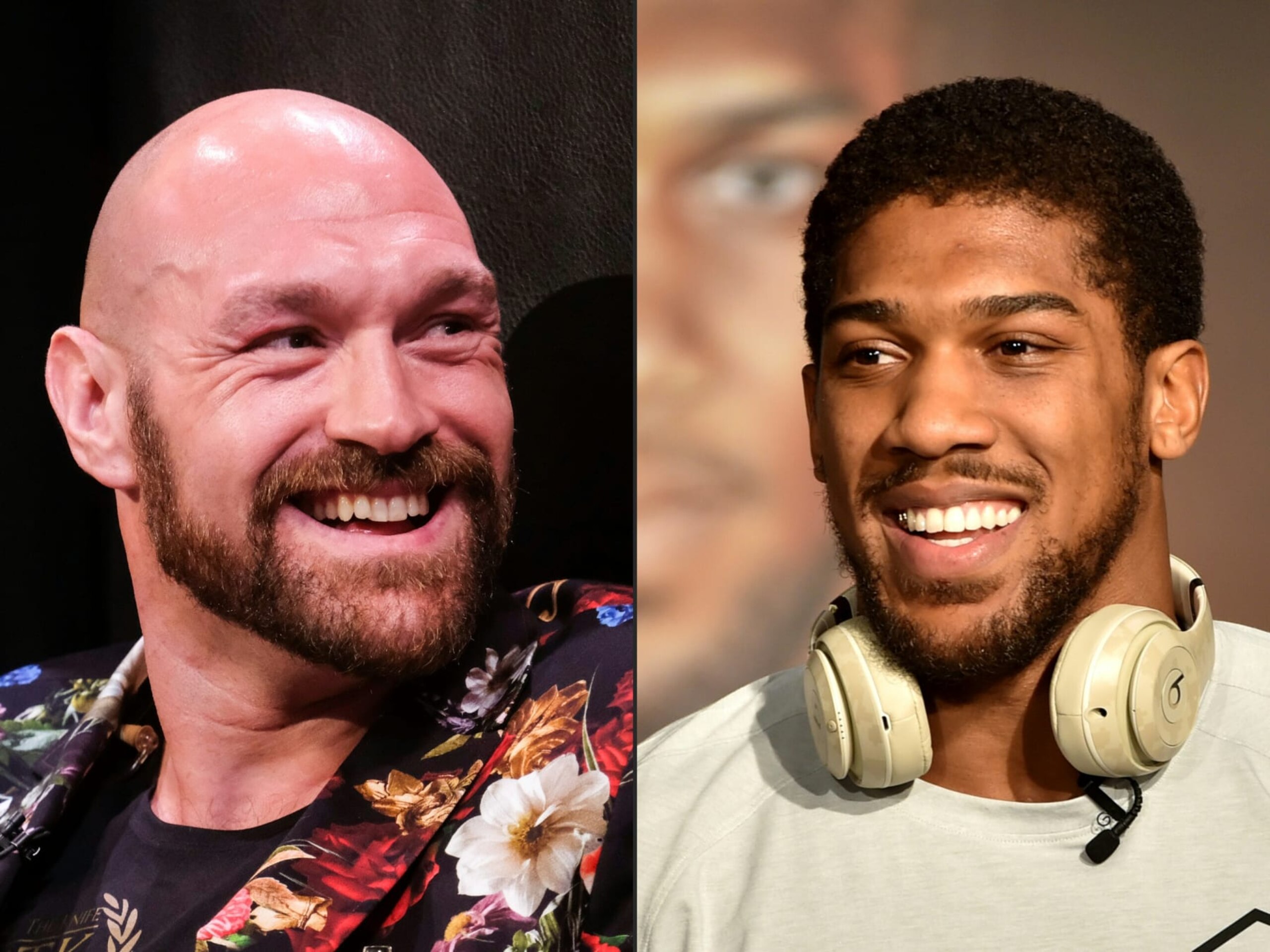 (COMBO) This combination of pictures created on December 14, 2020 shows Boxer Tyson Fury (L) during a press conference in Los Angeles, California on January 25, 2020, and British heavyweight boxer Anthony Joshua during a press conference in Ad Diriyah, a Unesco-listed heritage site, outside Riyadh, on December 4, 2019. - Anthony Joshua's promoter Eddie Hearn says a deal for his man to fight Tyson Fury in an all-British world heavyweight unification bout in 2021 could take as little as two days to complete. Plans for a "Battle of Britain" have accelerated after Joshua, 31, stopped Bulgarian veteran Kubrat Pulev in the ninth round at Wembley Arena on December 12 to retain all three of his belts. (Photos by RINGO CHIU and FAYEZ NURELDINE / AFP) (Photo by RINGO CHIU,FAYEZ NURELDINE/AFP via Getty Images)