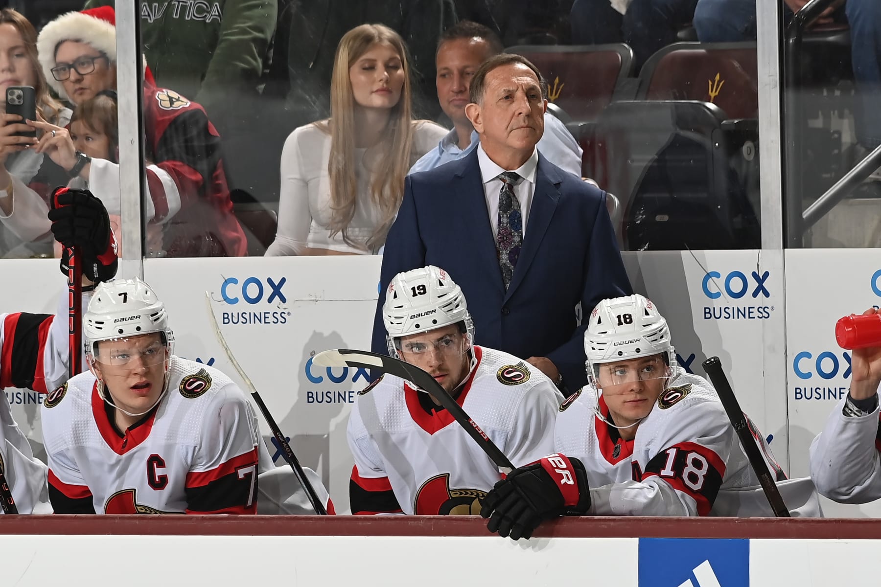 TEMPE, ARIZONA - DECEMBER 19: Ottawa Senators Interim Head Coach Jacques Martin looks on from the bench during the first period of the game against the Arizona Coyotes at Mullett Arena on December 19, 2023 in Tempe, Arizona. (Photo by Norm Hall/NHLI via Getty Images)