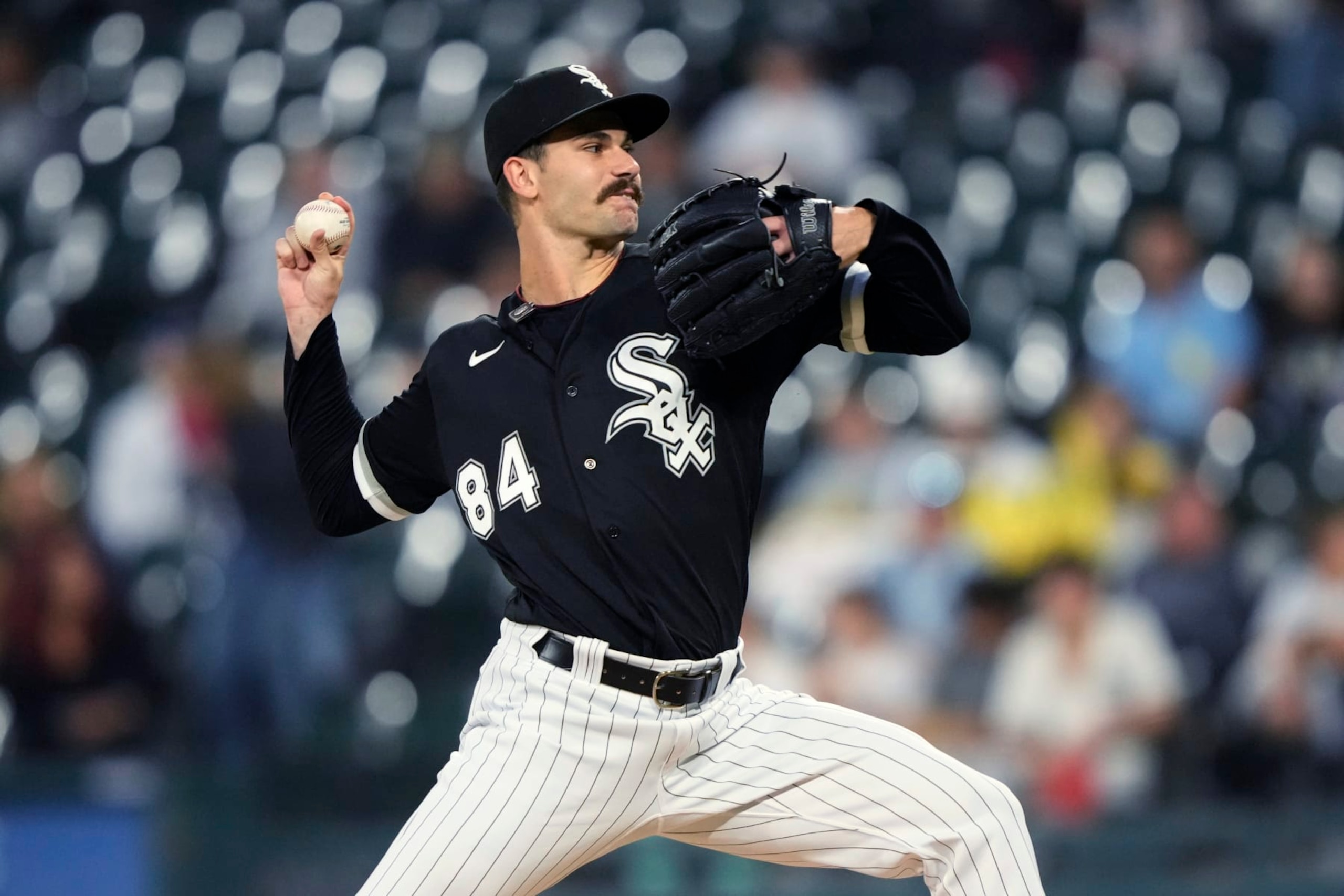 Chicago White Sox starting pitcher Dylan Cease delivers during the first inning of the team's baseball game against the San Diego Padres on Friday, Sept. 29, 2023, in Chicago. (AP Photo/Charles Rex Arbogast)