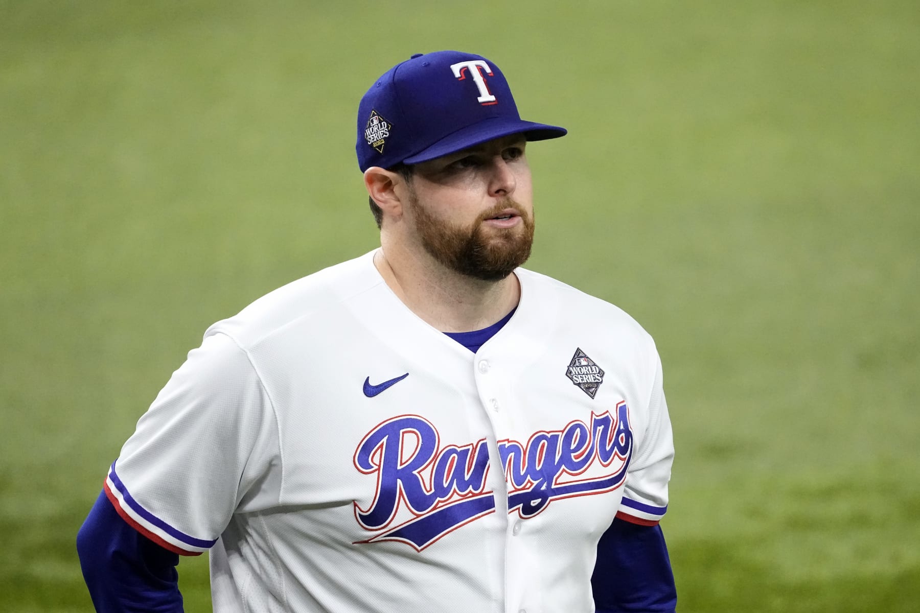 ARLINGTON, TEXAS - OCTOBER 28: Jordan Montgomery #52 of the Texas Rangers walks across the field in the second inning against the Arizona Diamondbacks during Game Two of the World Series at Globe Life Field on October 28, 2023 in Arlington, Texas. (Photo by Sam Hodde/Getty Images)