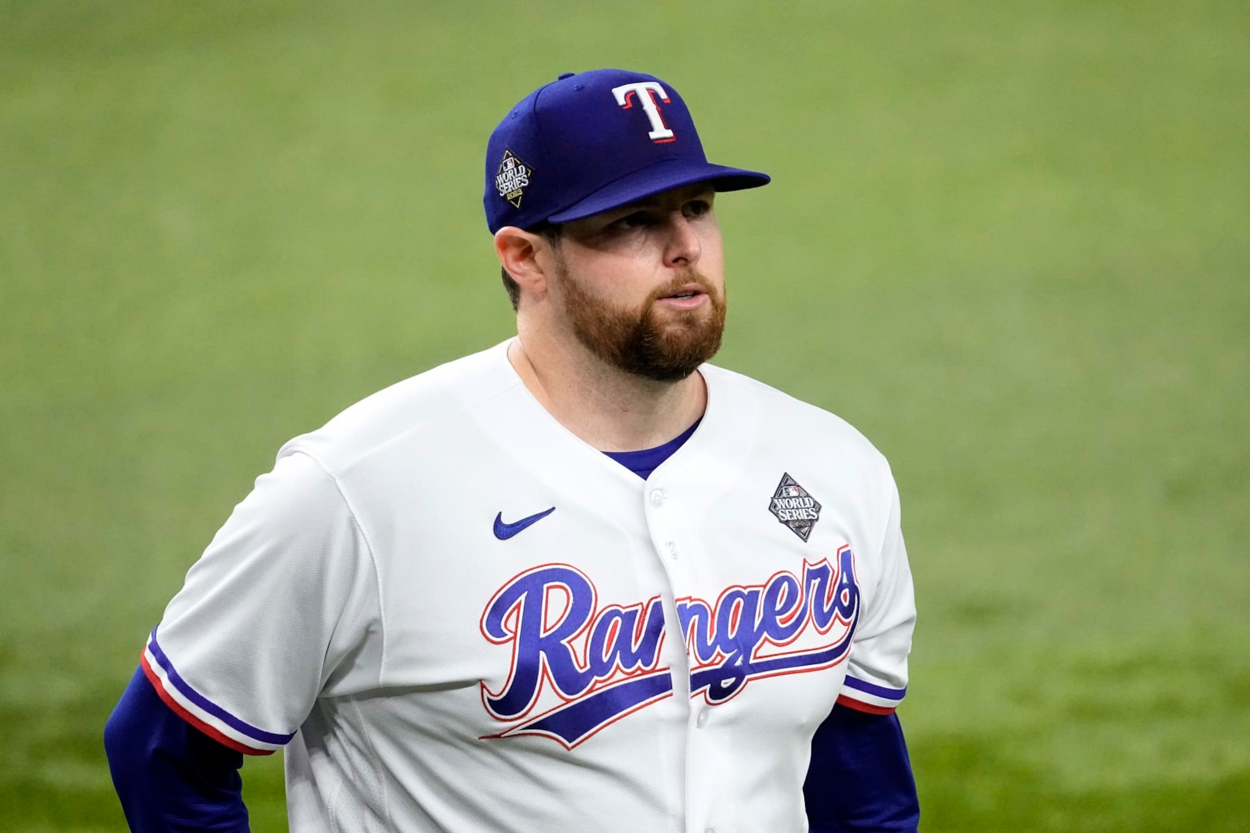 ARLINGTON, TEXAS - OCTOBER 28: Jordan Montgomery #52 of the Texas Rangers walks across the field in the second inning against the Arizona Diamondbacks during Game Two of the World Series at Globe Life Field on October 28, 2023 in Arlington, Texas. (Photo by Sam Hodde/Getty Images)