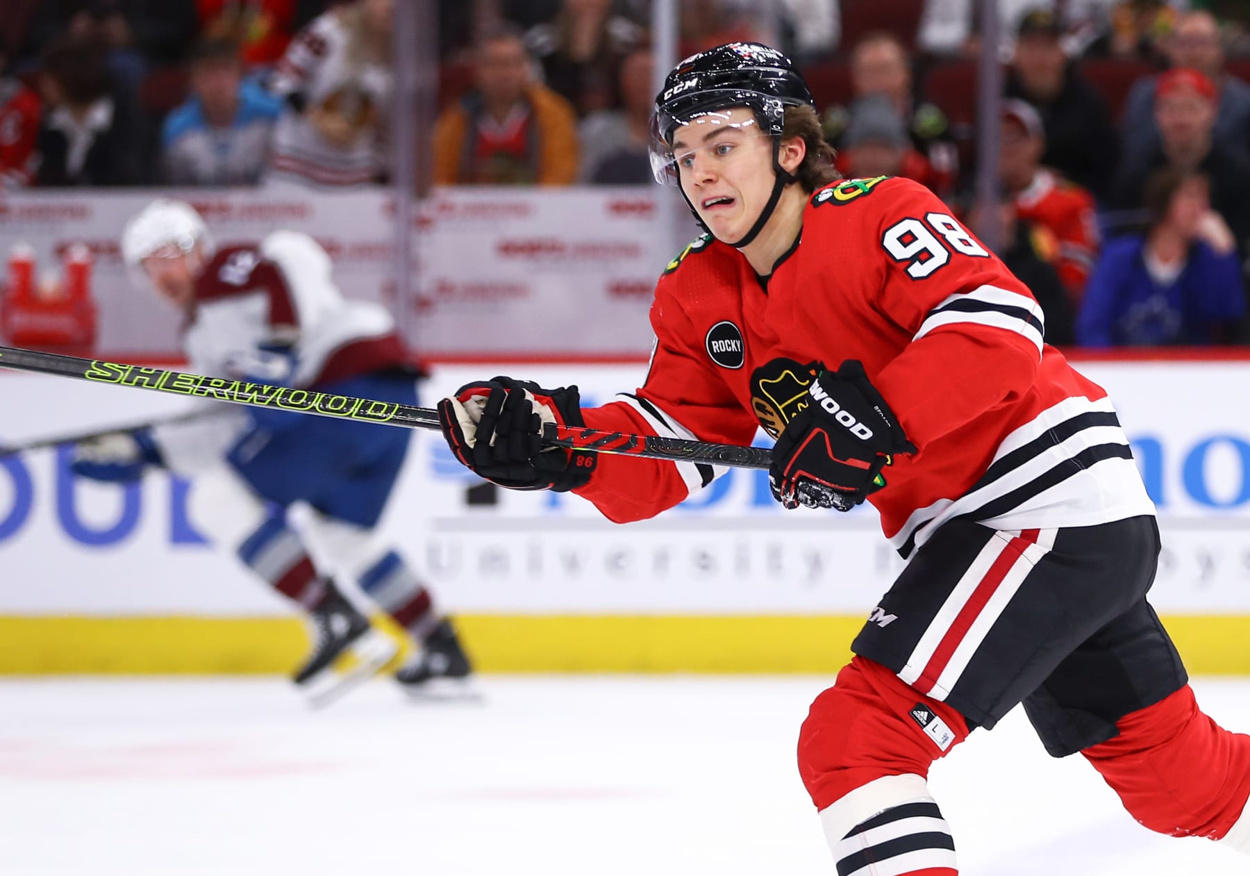 CHICAGO, IL - DECEMBER 19: Connor Bedard #98 of the Chicago Blackhawks during the third period against the Colorado Avalanche at the United Center on December, 19, 2023 in Chicago, Illinois. (Photo by Melissa Tamez/Icon Sportswire via Getty Images)
