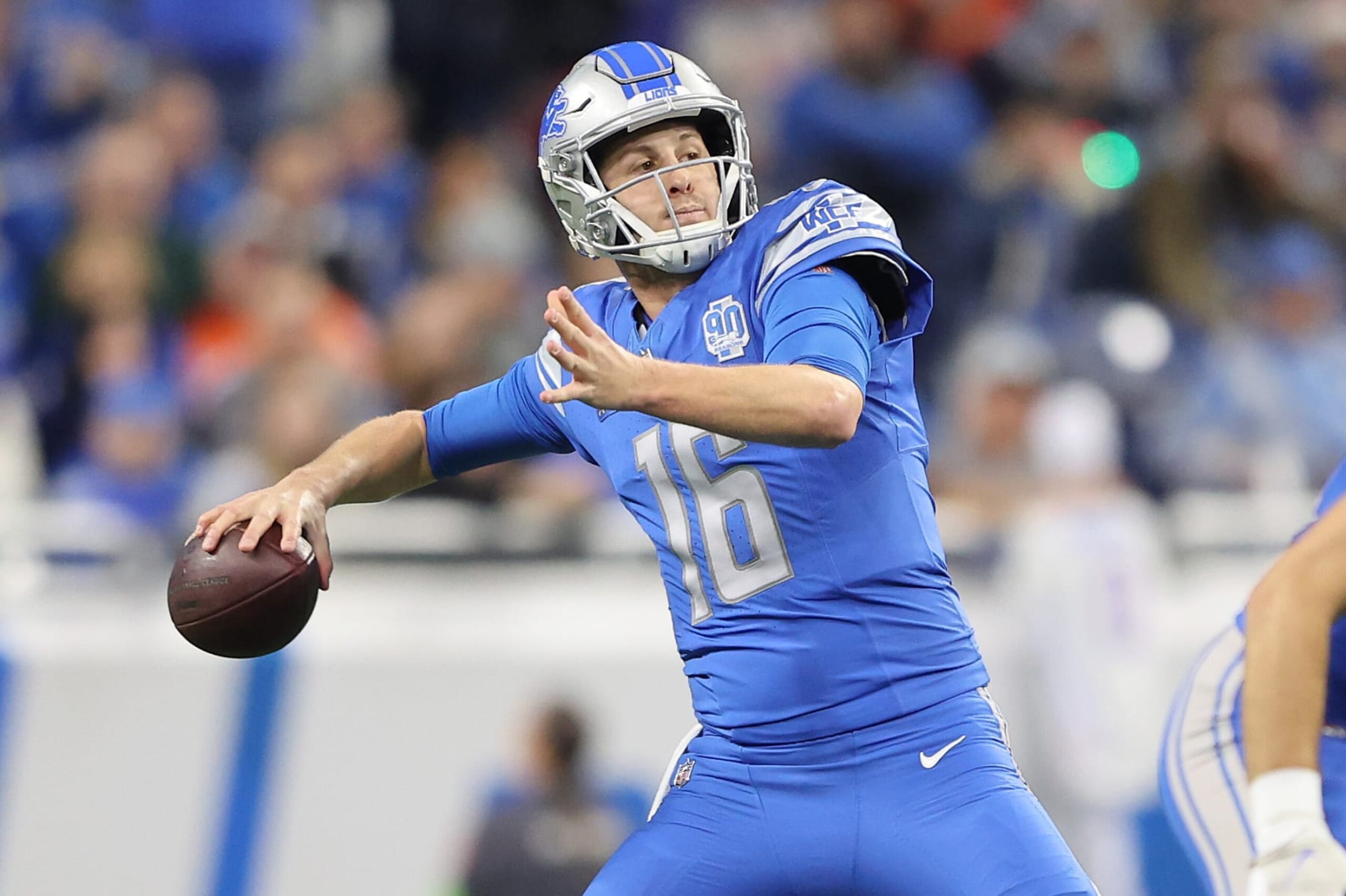 DETROIT, MICHIGAN - DECEMBER 16: Jared Goff #16 of the Detroit Lions throws the ball during the first quarter against the Denver Broncos at Ford Field on December 16, 2023 in Detroit, Michigan. (Photo by Rey Del Rio/Getty Images)