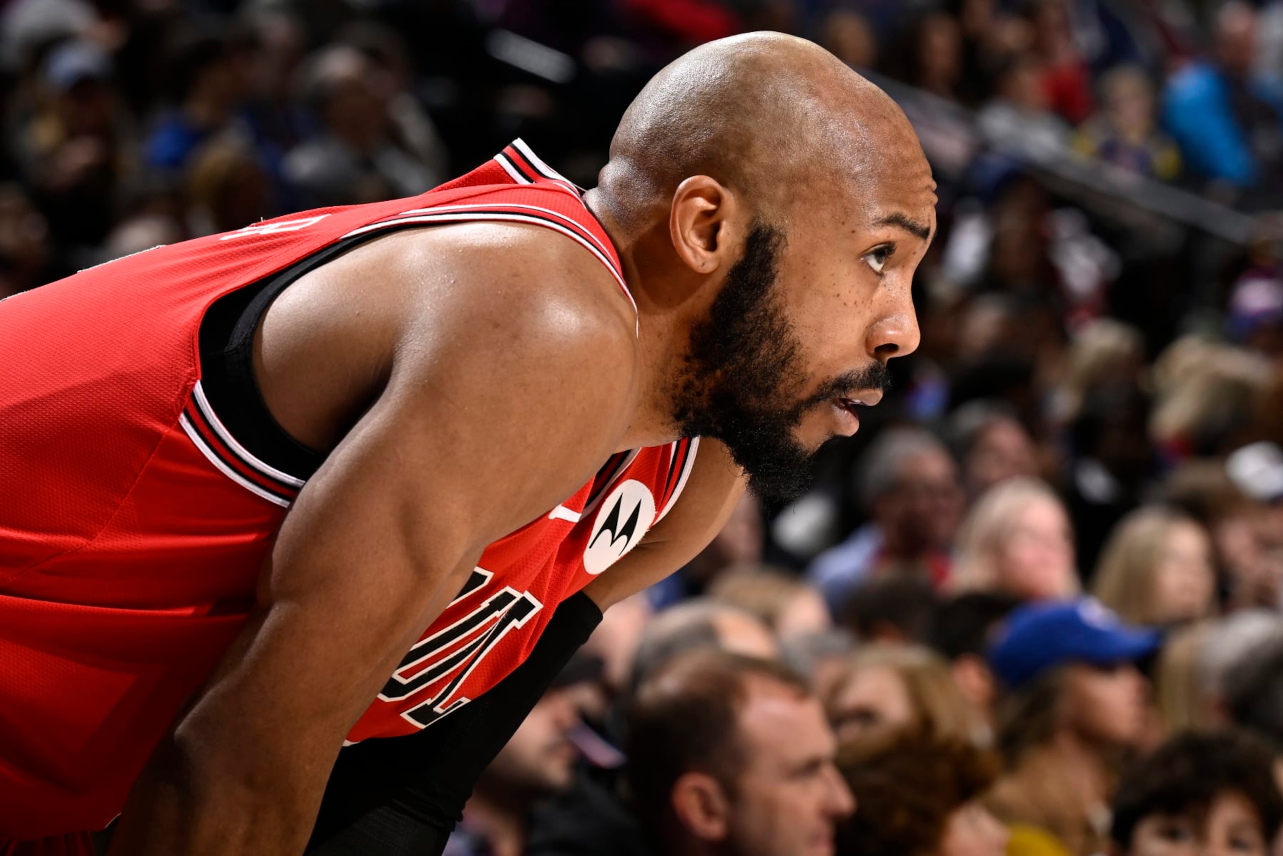 PHILADELPHIA, PA - DECEMBER 18: Jevon Carter #5 of the Chicago Bulls looks on during the game against the Philadelphia 76ers on December 18, 2023 at the Wells Fargo Center in Philadelphia, Pennsylvania NOTE TO USER: User expressly acknowledges and agrees that, by downloading and/or using this Photograph, user is consenting to the terms and conditions of the Getty Images License Agreement. Mandatory Copyright Notice: Copyright 2023 NBAE (Photo by David Dow/NBAE via Getty Images)