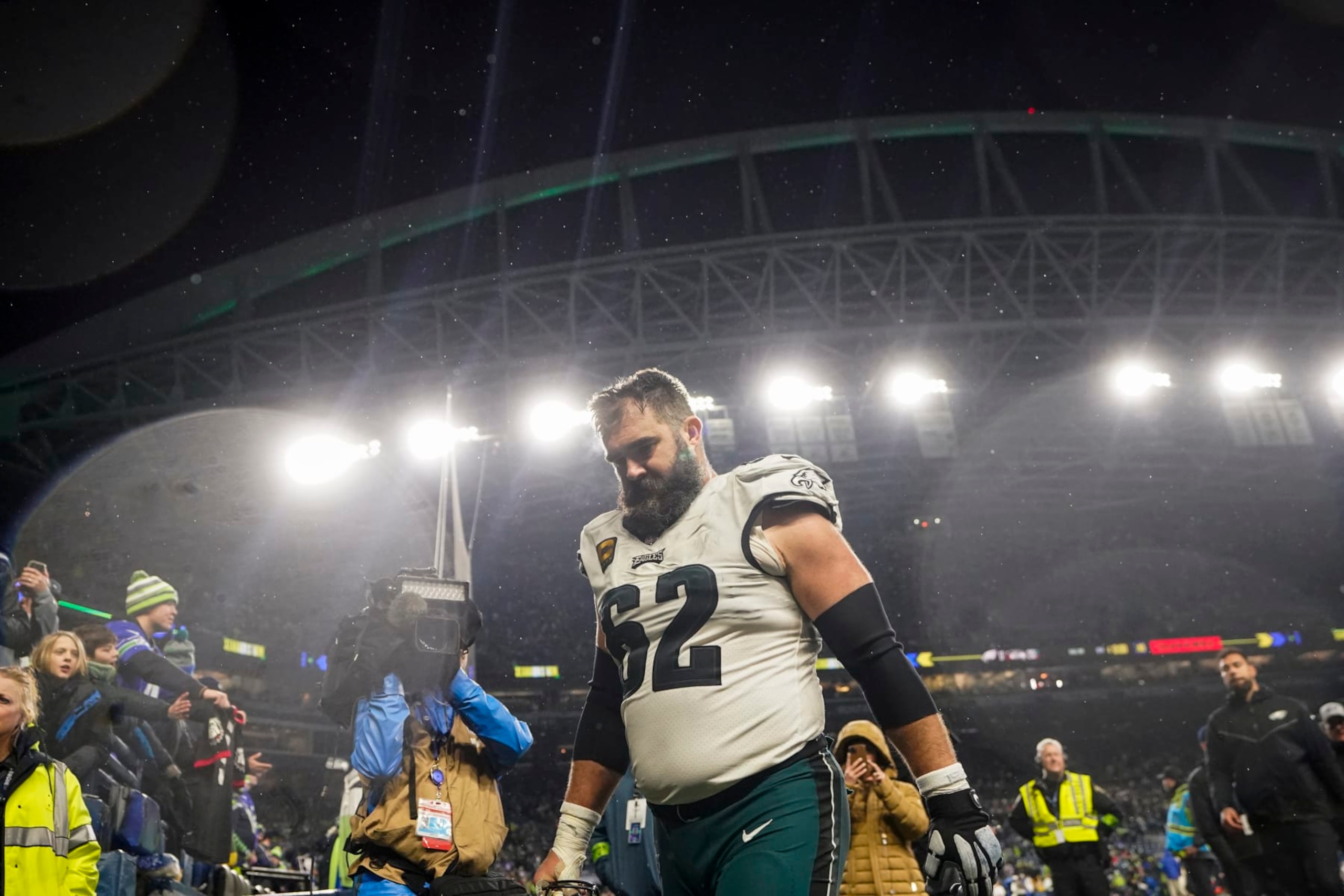 Philadelphia Eagles center Jason Kelce walks off the field after an NFL football game against the Seattle Seahawks, Monday, Dec. 18, 2023, in Seattle. The Seahawks won 20-17. (AP Photo/Lindsey Wasson)