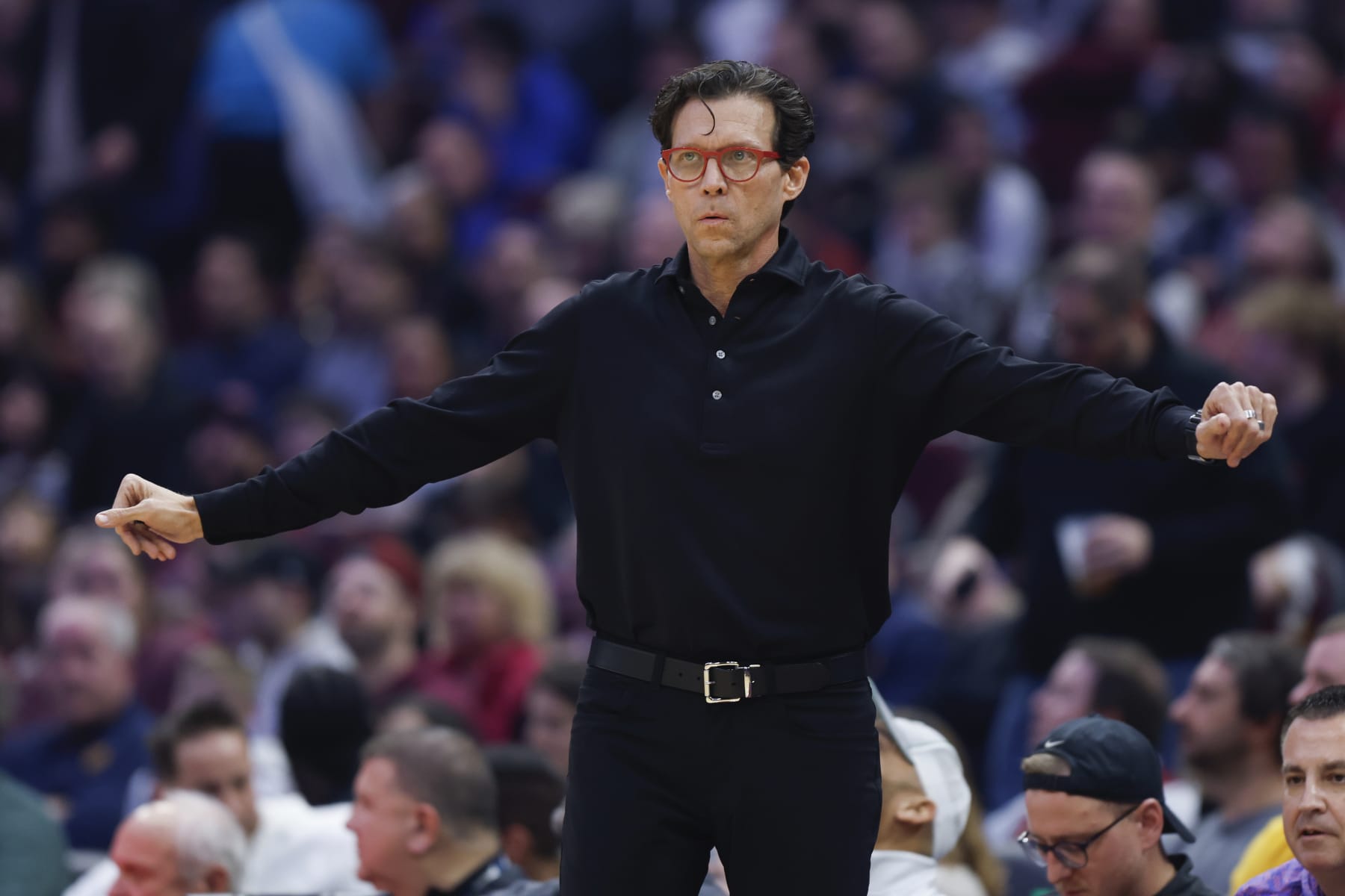 Atlanta Hawks head coach Quin Snyder directs his tream during the first half of an NBA basketball game against the Cleveland Cavaliers, Saturday, Dec. 16, 2023, in Cleveland. (AP Photo/Ron Schwane)