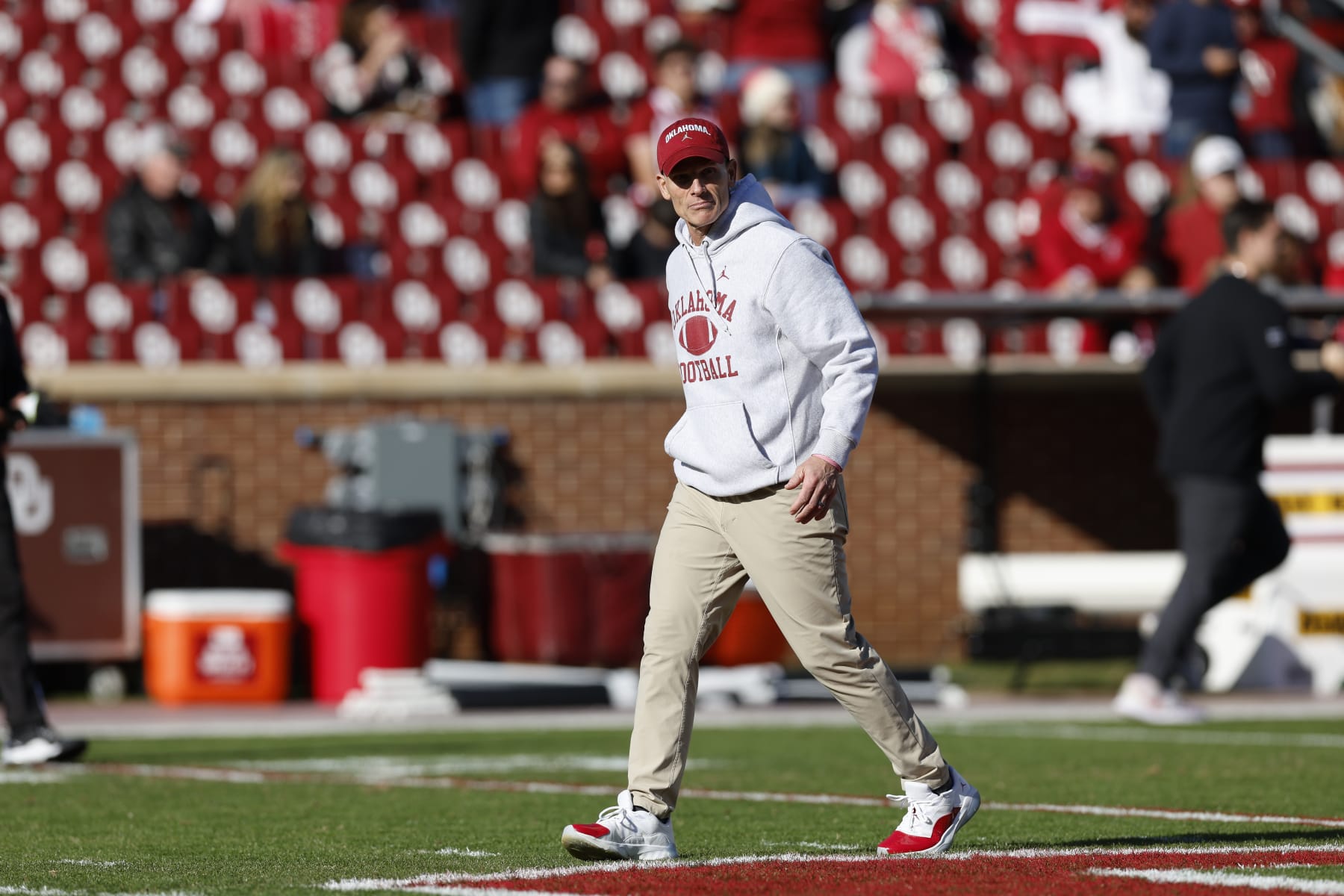 Oklahoma head coach Brent Venables walks out onto the field before the start of an NCAA college football game against TCU Friday, Nov. 24, 2023, in Norman, Okla. (AP Photo/Alonzo Adams)