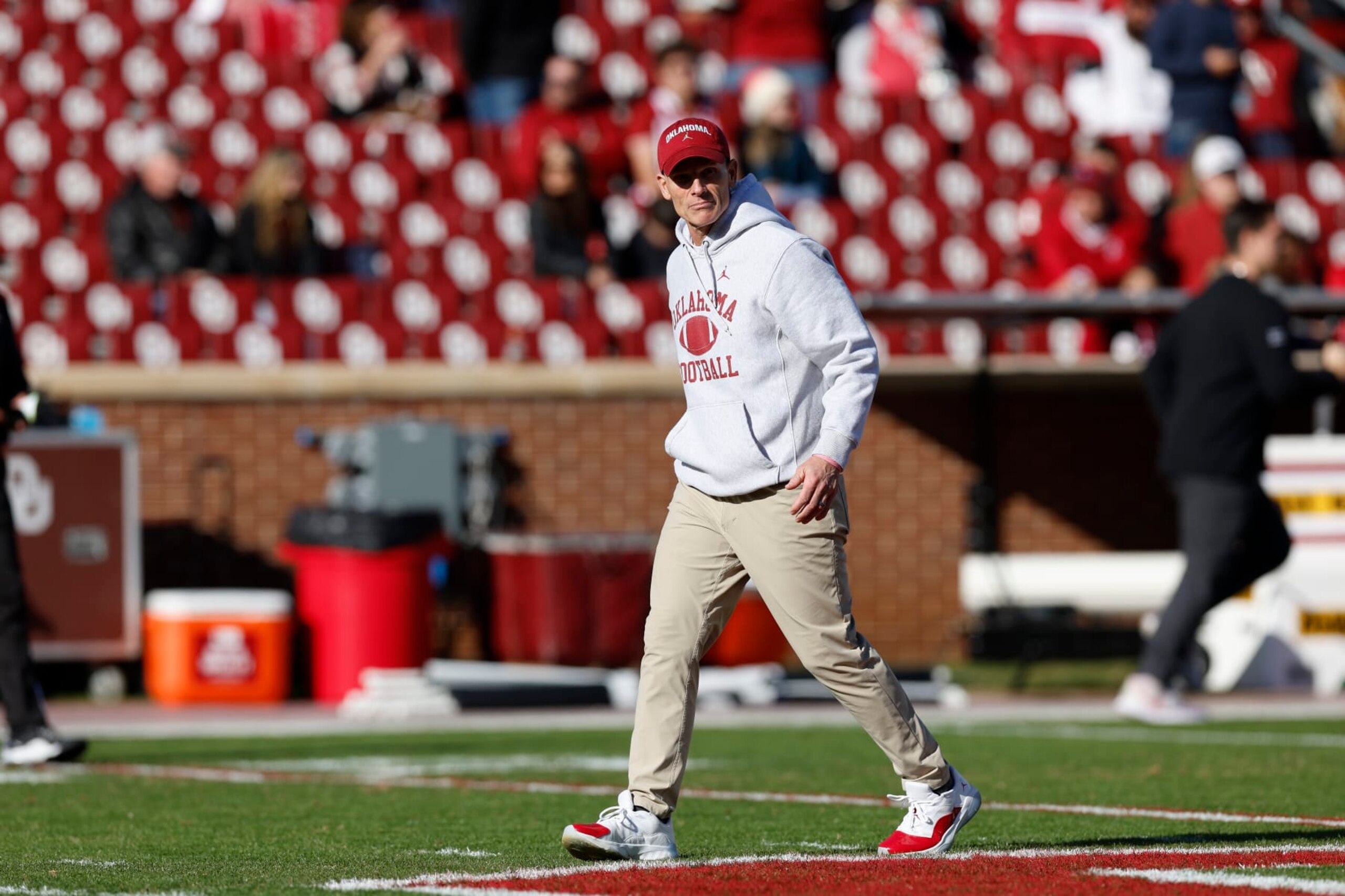 Oklahoma head coach Brent Venables walks out onto the field before the start of an NCAA college football game against TCU Friday, Nov. 24, 2023, in Norman, Okla. (AP Photo/Alonzo Adams)