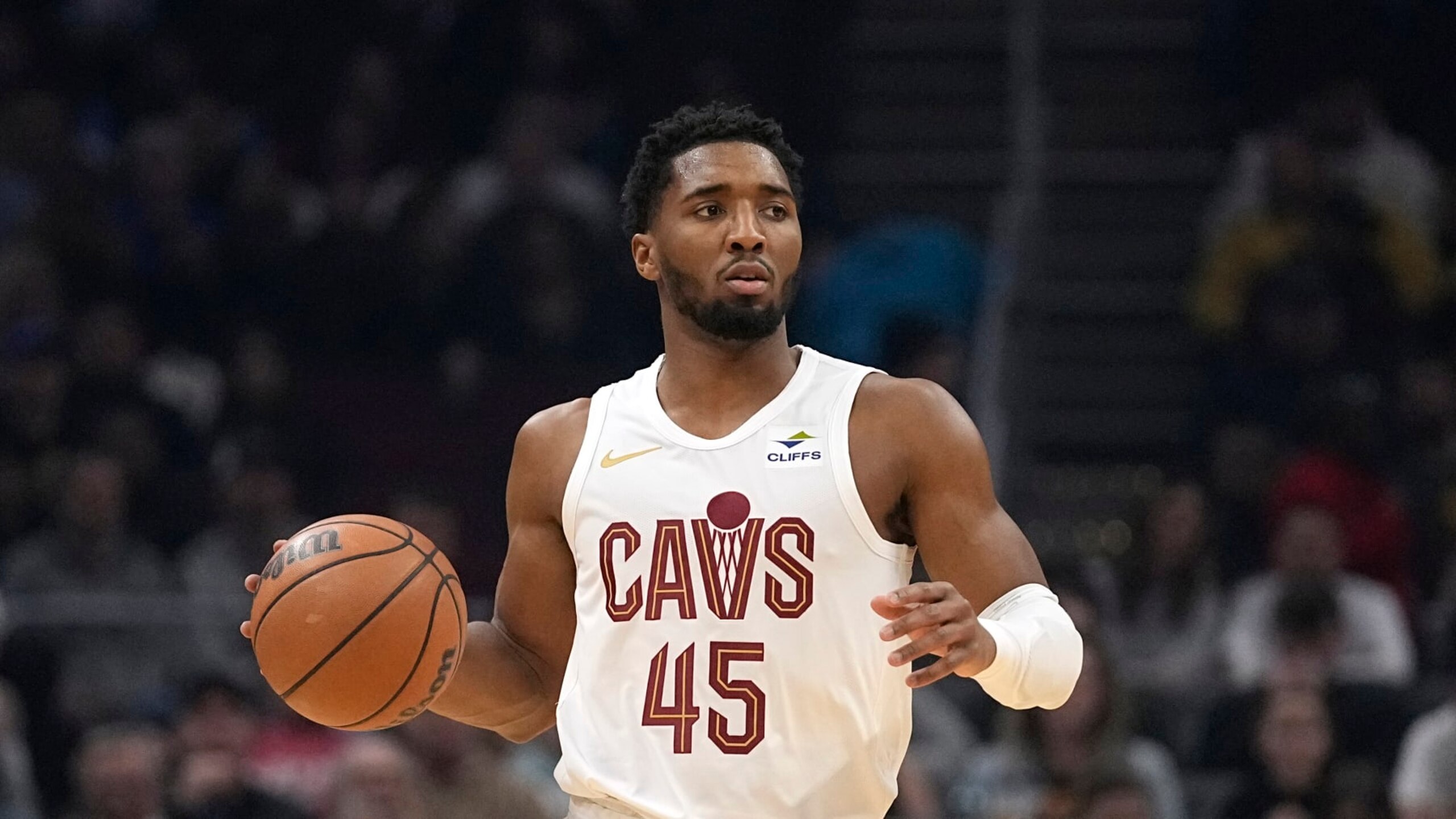 Cleveland Cavaliers guard Donovan Mitchell (45) during an NBA basketball game against the Houston Rockets, Monday, Dec. 18, 2023, in Cleveland. (AP Photo/Sue Ogrocki)