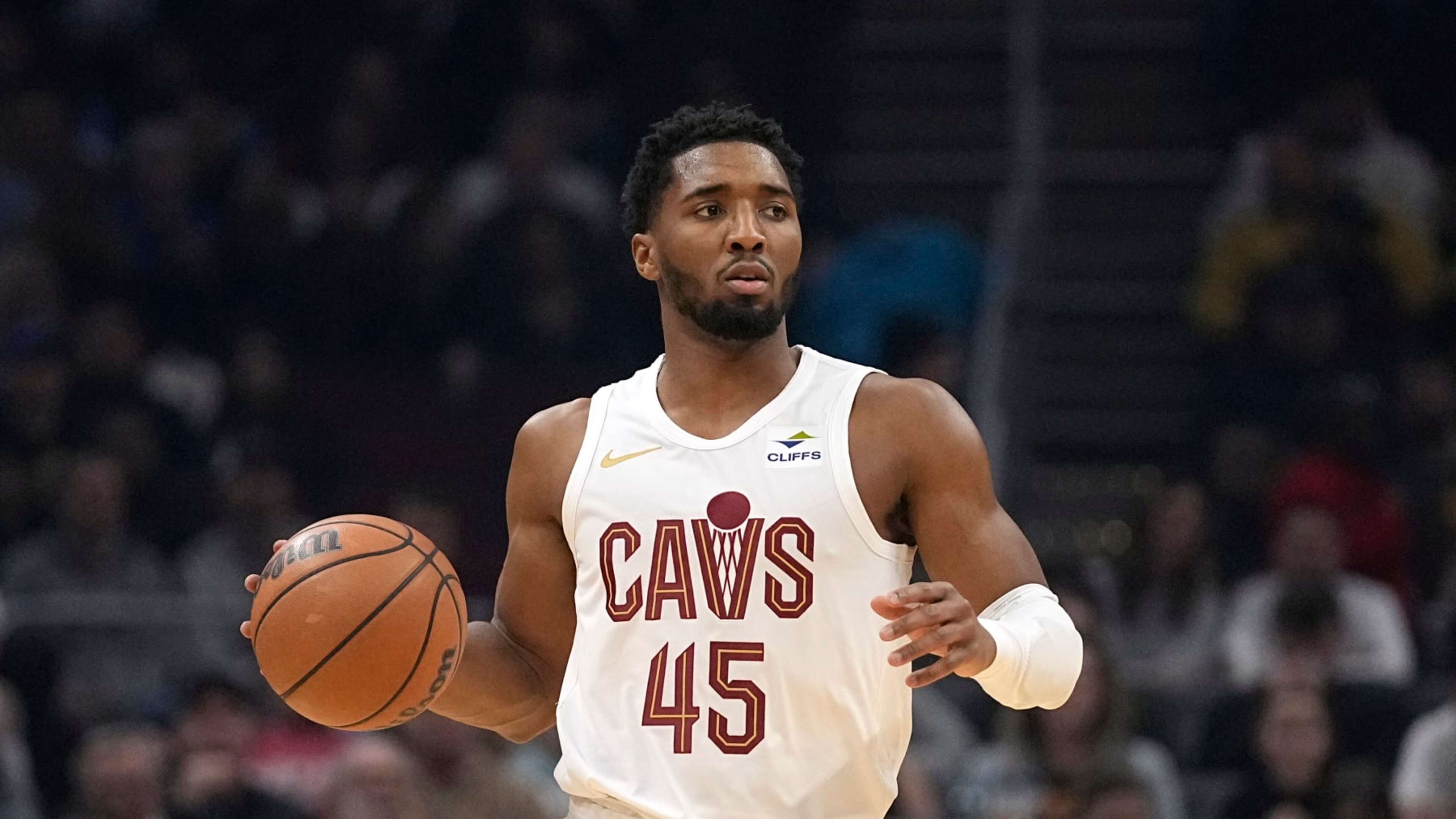 Cleveland Cavaliers guard Donovan Mitchell (45) during an NBA basketball game against the Houston Rockets, Monday, Dec. 18, 2023, in Cleveland. (AP Photo/Sue Ogrocki)