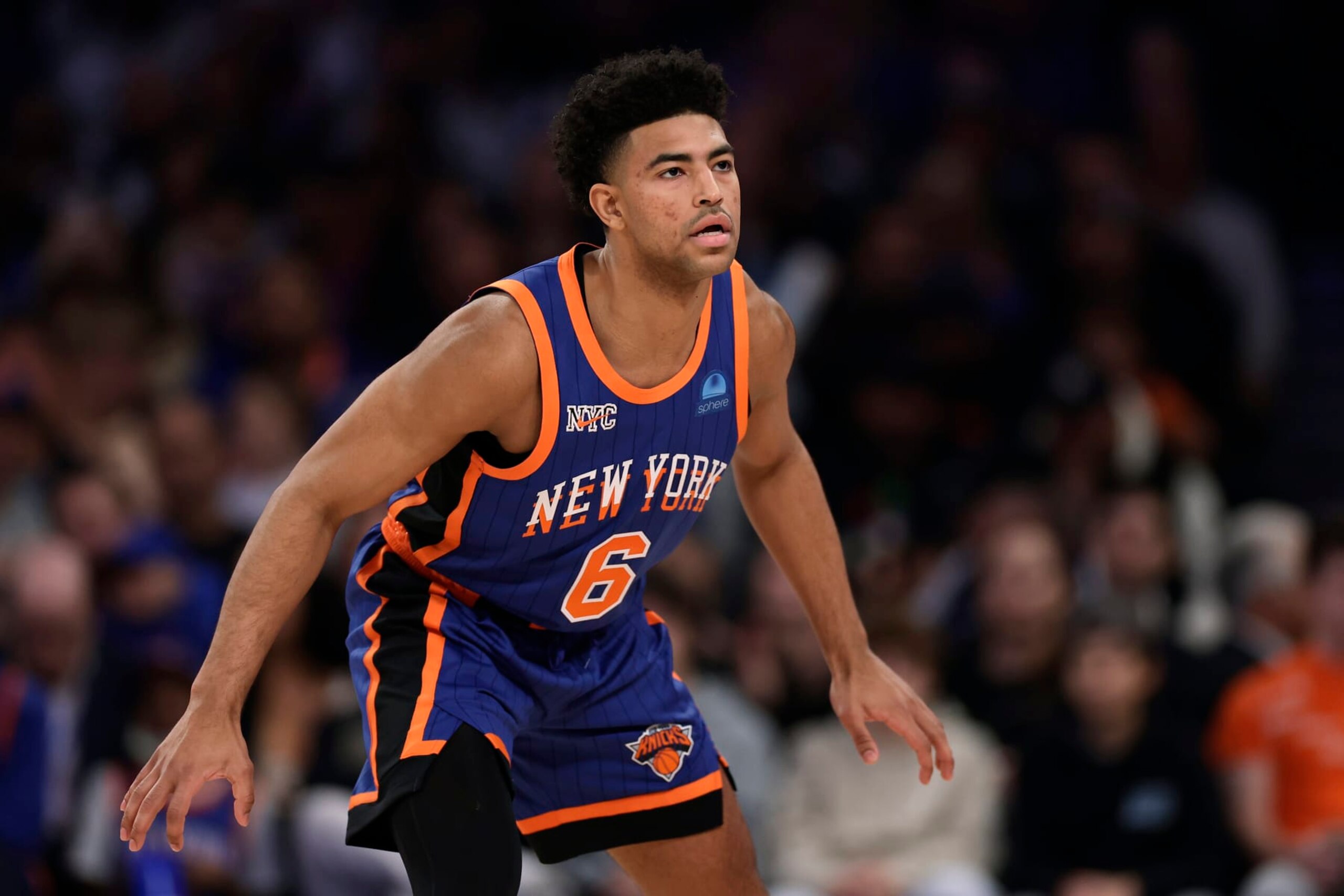 New York Knicks guard Quentin Grimes (6) in action against the Charlotte Hornets during the first half of an NBA basketball game Sunday, Nov. 12, 2023, in New York. (AP Photo/Adam Hunger)