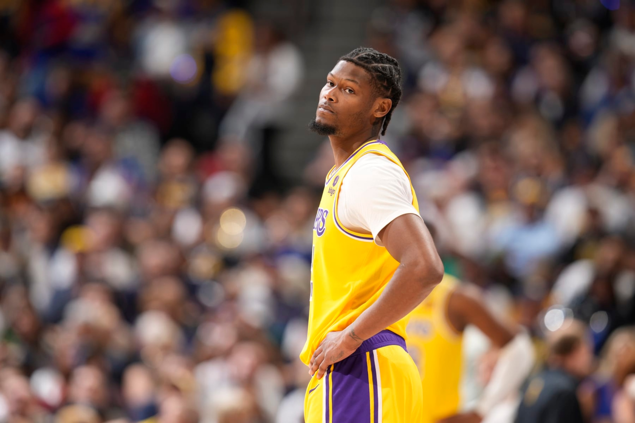 Los Angeles Lakers forward Cam Reddish (5) in the second half of an NBA basketball game Tuesday, Oct. 24, 2023, in Denver. (AP Photo/David Zalubowski)