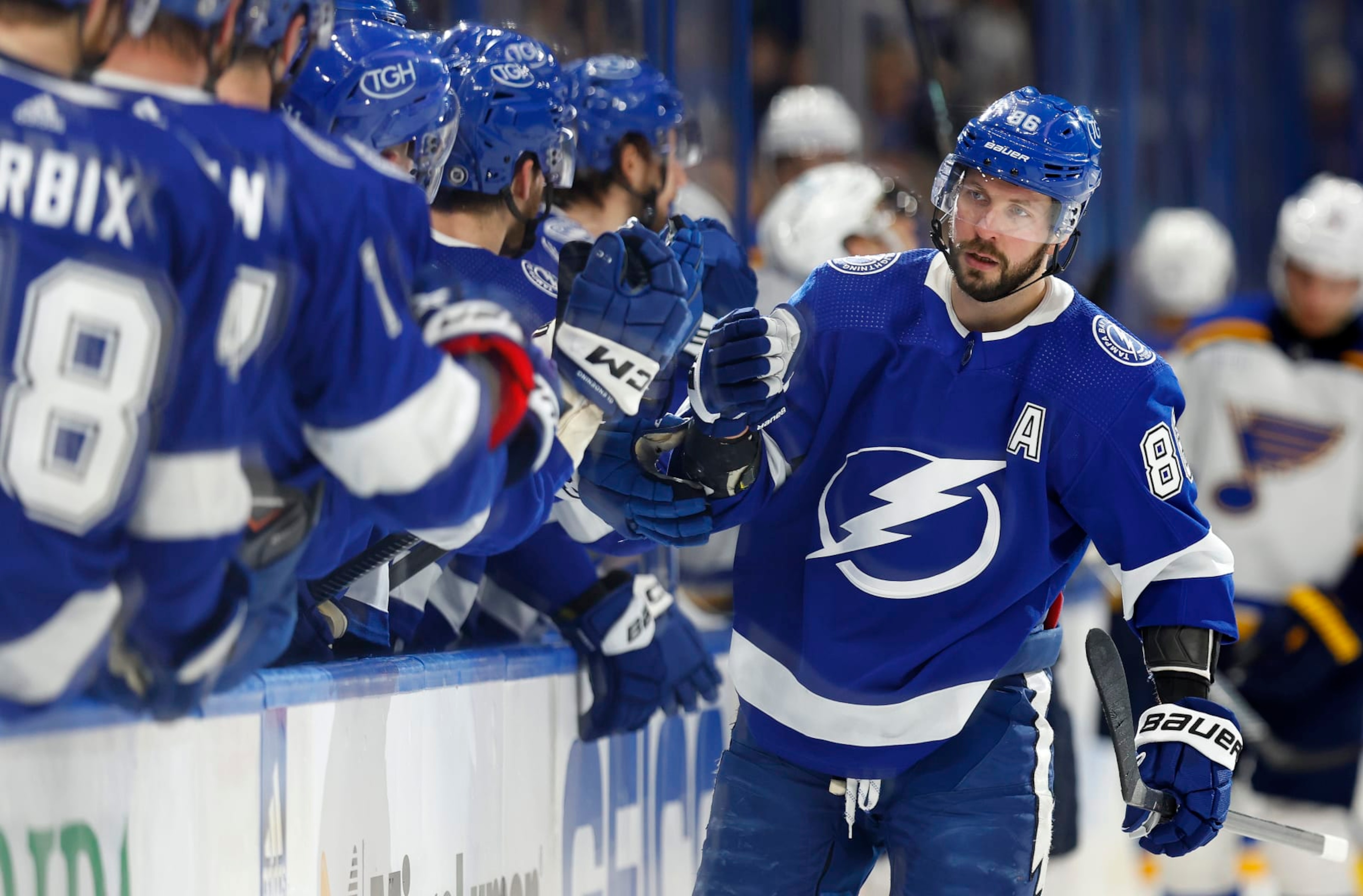 TAMPA, FLORIDA - DECEMBER 19: Nikita Kucherov #86 of the Tampa Bay Lightning celebrates a goal in the first period during a game against the St. Louis Blues at Amalie Arena on December 19, 2023 in Tampa, Florida. (Photo by Mike Ehrmann/Getty Images) TAMPA, FLORIDA - DECEMBER 19: Nikita Kucherov #86 of the Tampa Bay Lightning celebrates a goal in the first period during a game against the St. Louis Blues at Amalie Arena on December 19, 2023 in Tampa, Florida. (Photo by Mike Ehrmann/Getty Images)