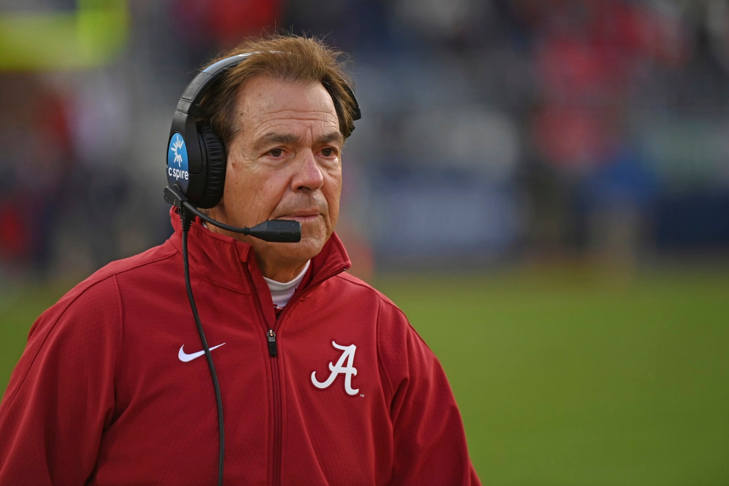 Alabama head coach Nick Saban walks along the sideline during the first half of an NCAA college football game between Mississippi and Alabama in Oxford, Miss., Saturday, Nov. 12, 2022. (AP Photo/Thomas Graning)