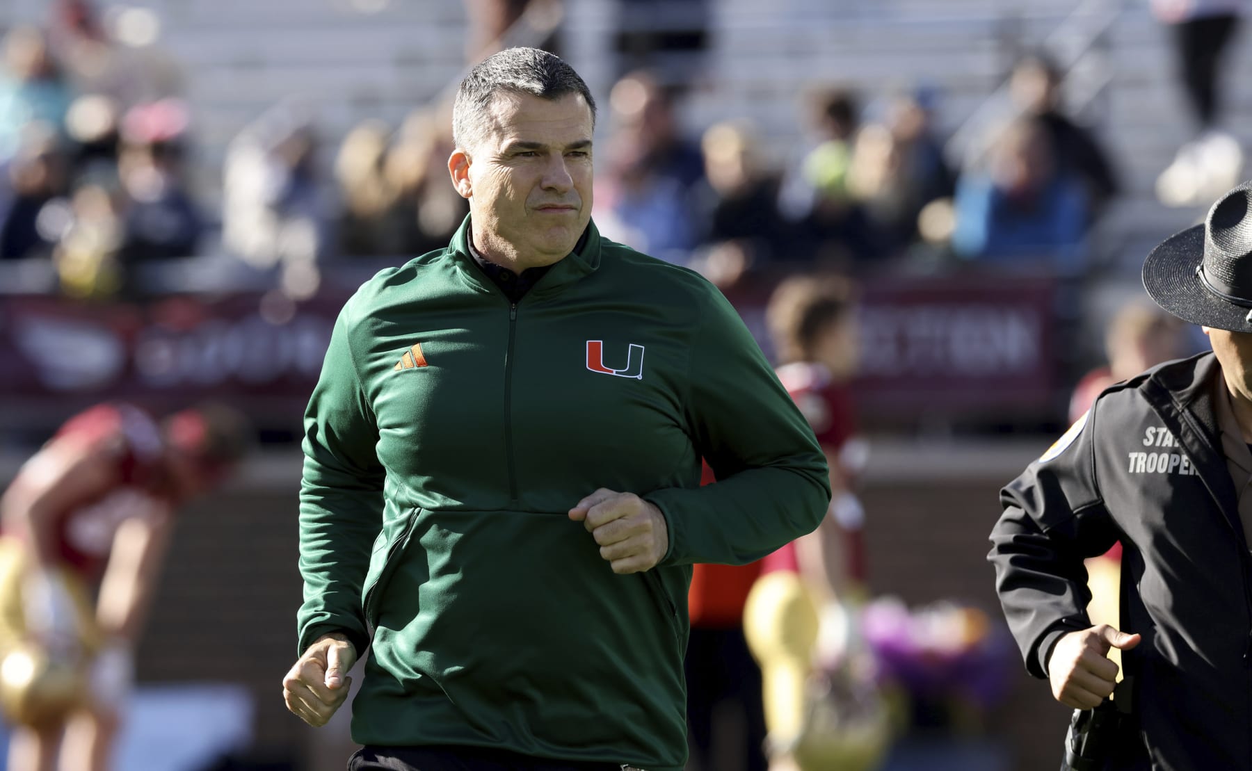 Miami football head coach Mario Cristobal before an NCAA college football game against Boston College, Friday, Nov. 24, 2023 in Boston. (AP Photo/Mark Stockwell)