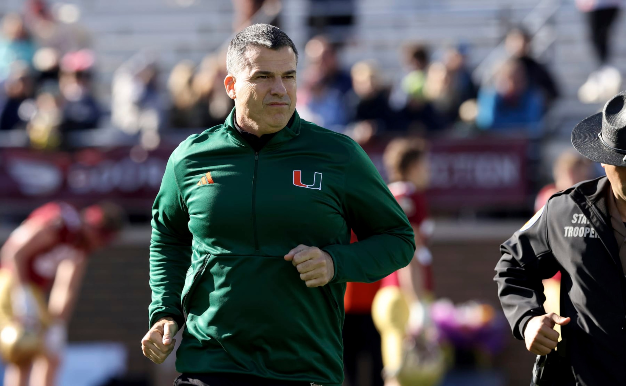 Miami football head coach Mario Cristobal before an NCAA college football game against Boston College, Friday, Nov. 24, 2023 in Boston. (AP Photo/Mark Stockwell)