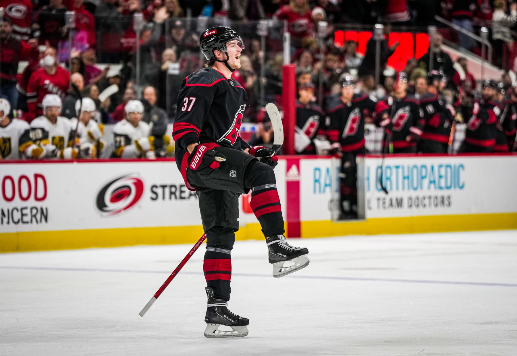 RALEIGH, NORTH CAROLINA - DECEMBER 19: Andrei Svechnikov #37 of the Carolina Hurricanes celebrates after a goal during the first period against the Vegas Golden Knights at PNC Arena on December 19, 2023 in Raleigh, North Carolina. (Photo by Josh Lavallee/NHLI via Getty Images)