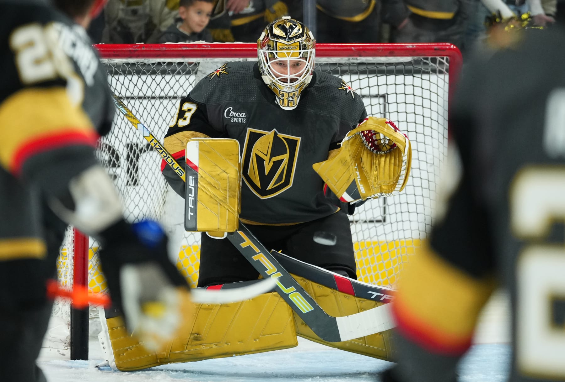 LAS VEGAS, NEVADA - DECEMBER 17: Adin Hill #33 of the Vegas Golden Knights warms up prior to a game against the Ottawa Senators at T-Mobile Arena on December 17, 2023 in Las Vegas, Nevada. (Photo by Jeff Bottari/NHLI via Getty Images)