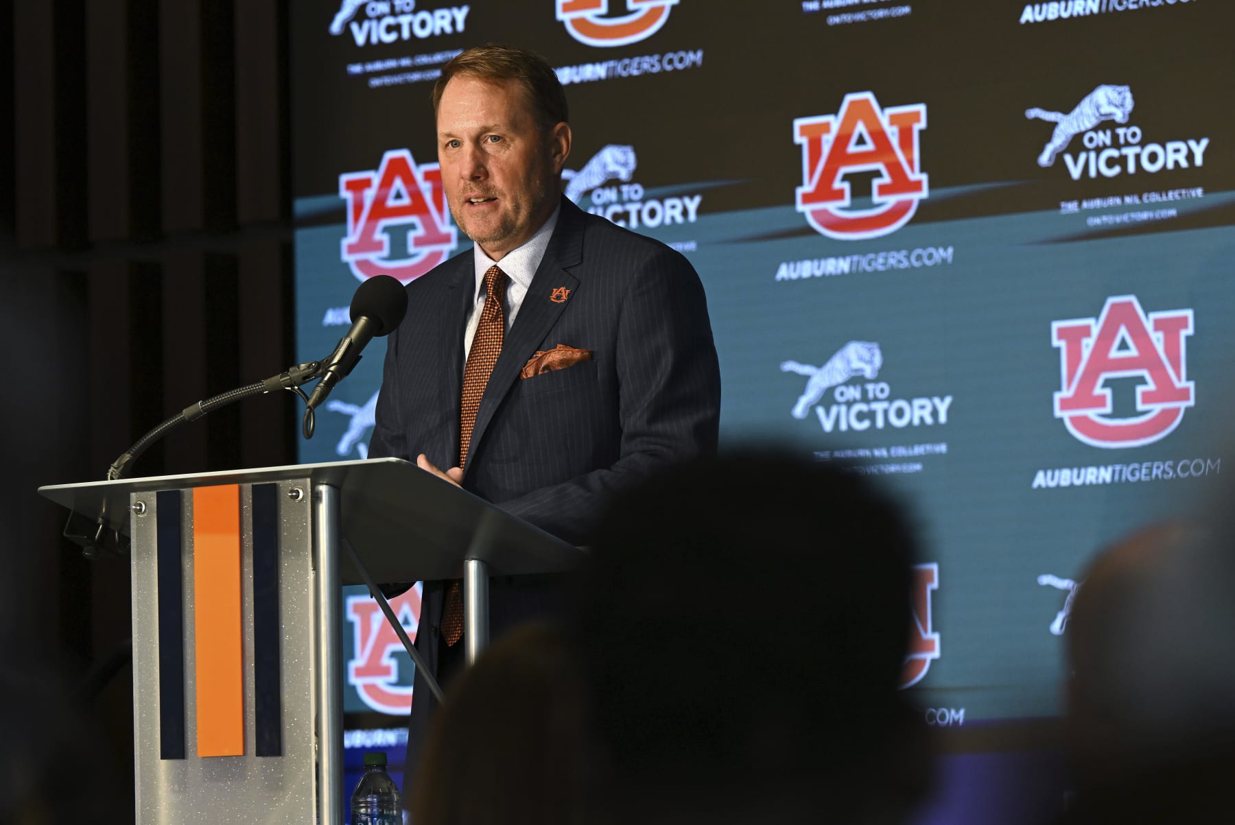 Auburn college football coach Hugh Freeze talks after being introduced at a press conference on Tuesday, Nov. 29 2022 in Auburn, Ala. (Todd Van Emst via AP)