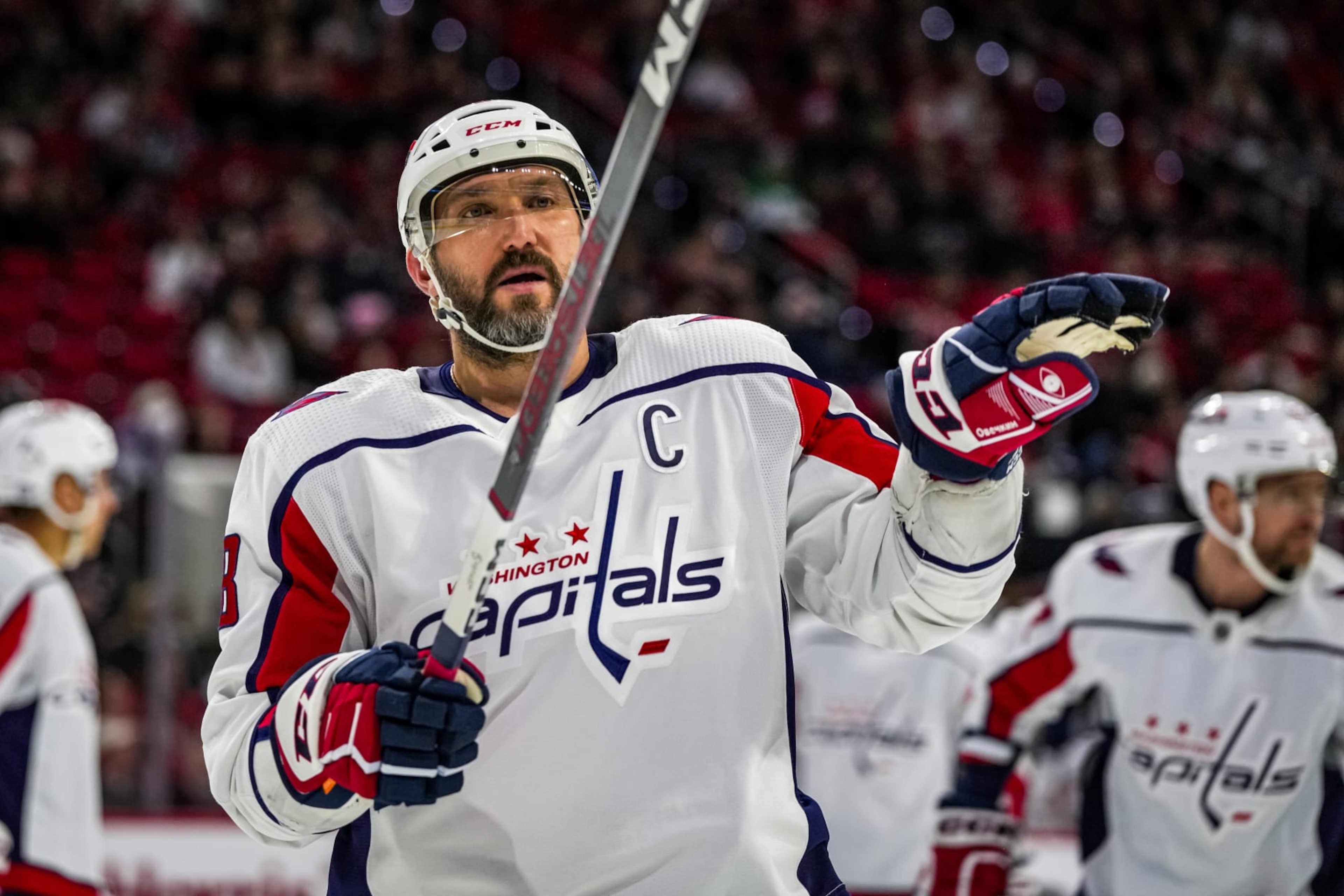 RALEIGH, NORTH CAROLINA - DECEMBER 17: Alex Ovechkin #8 of the Washington Capitals reacts during the first period against the Carolina Hurricanes at PNC Arena on December 17, 2023 in Raleigh, North Carolina. (Photo by Josh Lavallee/NHLI via Getty Images) RALEIGH, NORTH CAROLINA - DECEMBER 17: Alex Ovechkin #8 of the Washington Capitals reacts during the first period against the Carolina Hurricanes at PNC Arena on December 17, 2023 in Raleigh, North Carolina. (Photo by Josh Lavallee/NHLI via Getty Images)