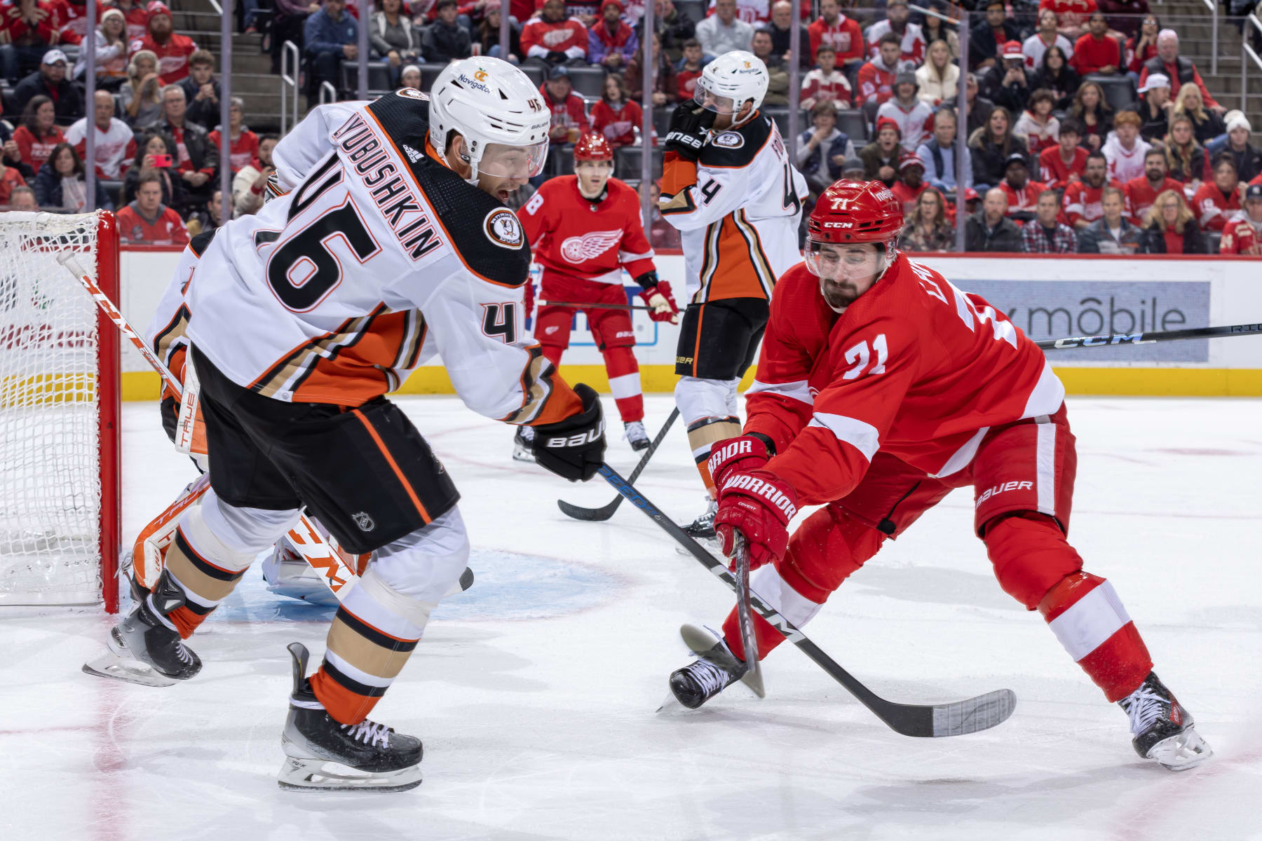 DETROIT, MI - DECEMBER 18: Dylan Larkin #71 of the Detroit Red Wings chops the stick of Ilya Lyubushkin #46 of the Anaheim Ducks during the third period at Little Caesars Arena on December 18, 2023 in Detroit, Michigan. Anaheim defeated Anaheim 4-3. (Photo by Dave Reginek/NHLI via Getty Images)