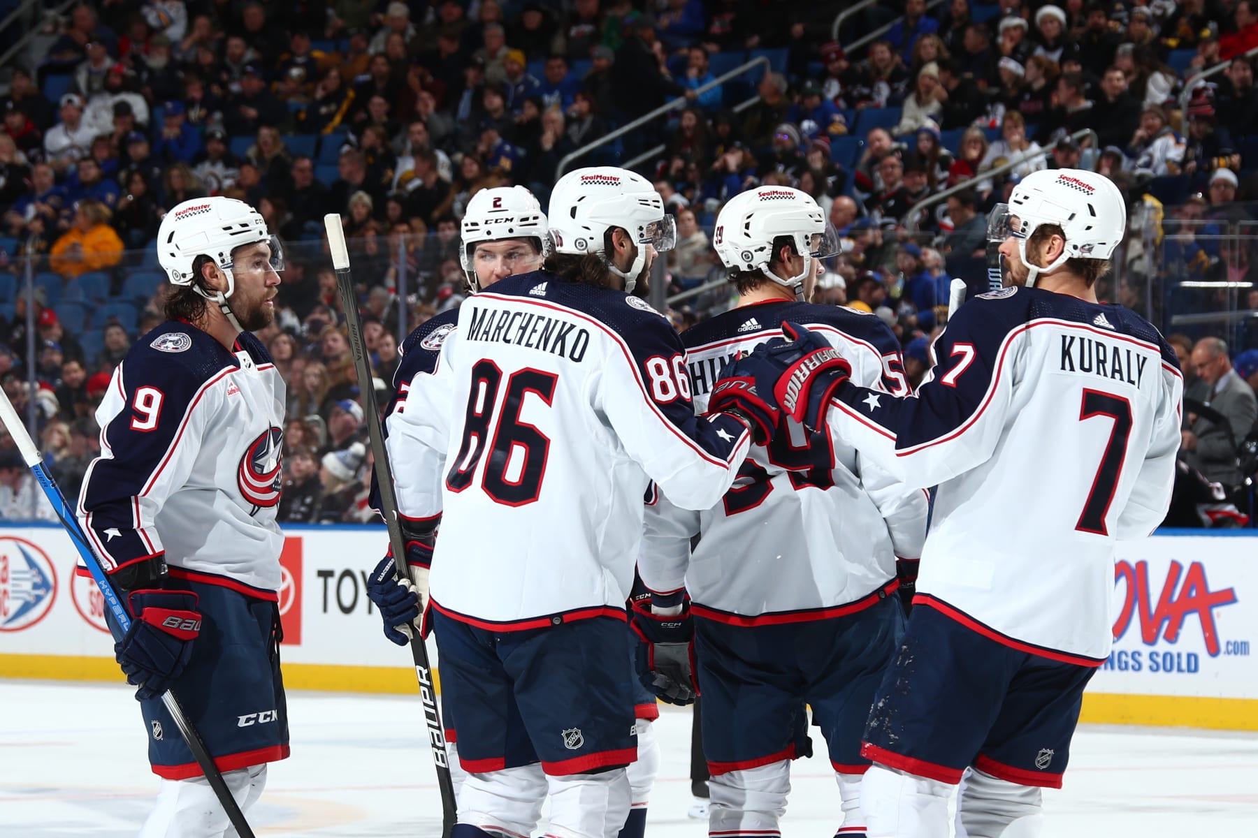 BUFFALO, NEW YORK - DECEMBER 19: Kirill Marchenko #86 of the Columbus Blue Jackets celebrates his second goal of the game against the Buffalo Sabres during an NHL game on December 19, 2023 at KeyBank Center in Buffalo, New York. (Photo by Bill Wippert/NHLI via Getty Images)