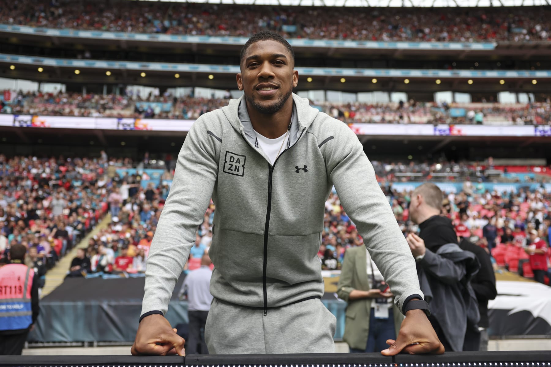 Heavyweight boxer, Britain's Anthony Joshua attends an NFL football game between the Atlanta Falcons and the Jacksonville Jaguars at Wembley stadium in London, Sunday, Oct. 1, 2023. (AP Photo/Ian Walton)