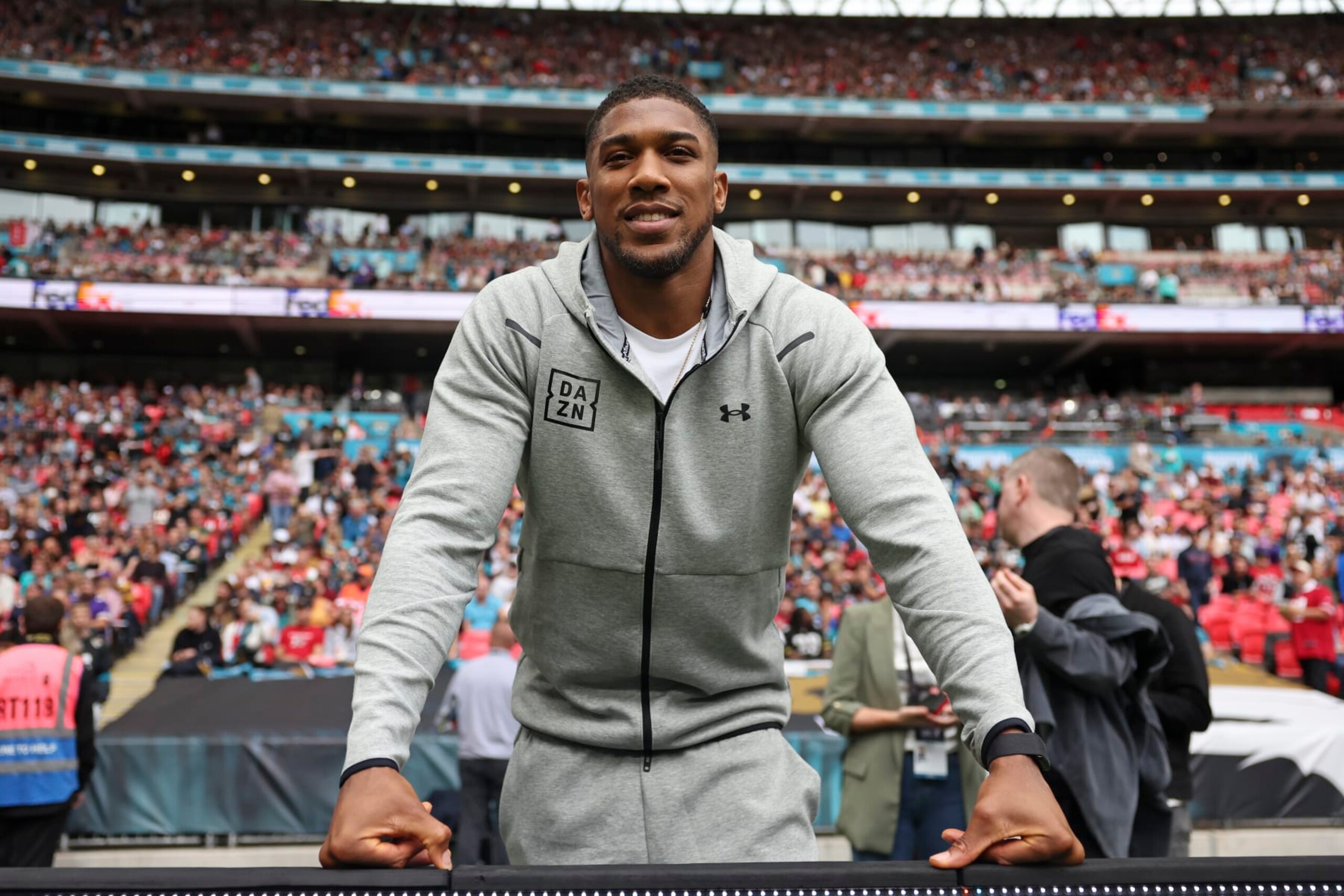 Heavyweight boxer, Britain's Anthony Joshua attends an NFL football game between the Atlanta Falcons and the Jacksonville Jaguars at Wembley stadium in London, Sunday, Oct. 1, 2023. (AP Photo/Ian Walton)