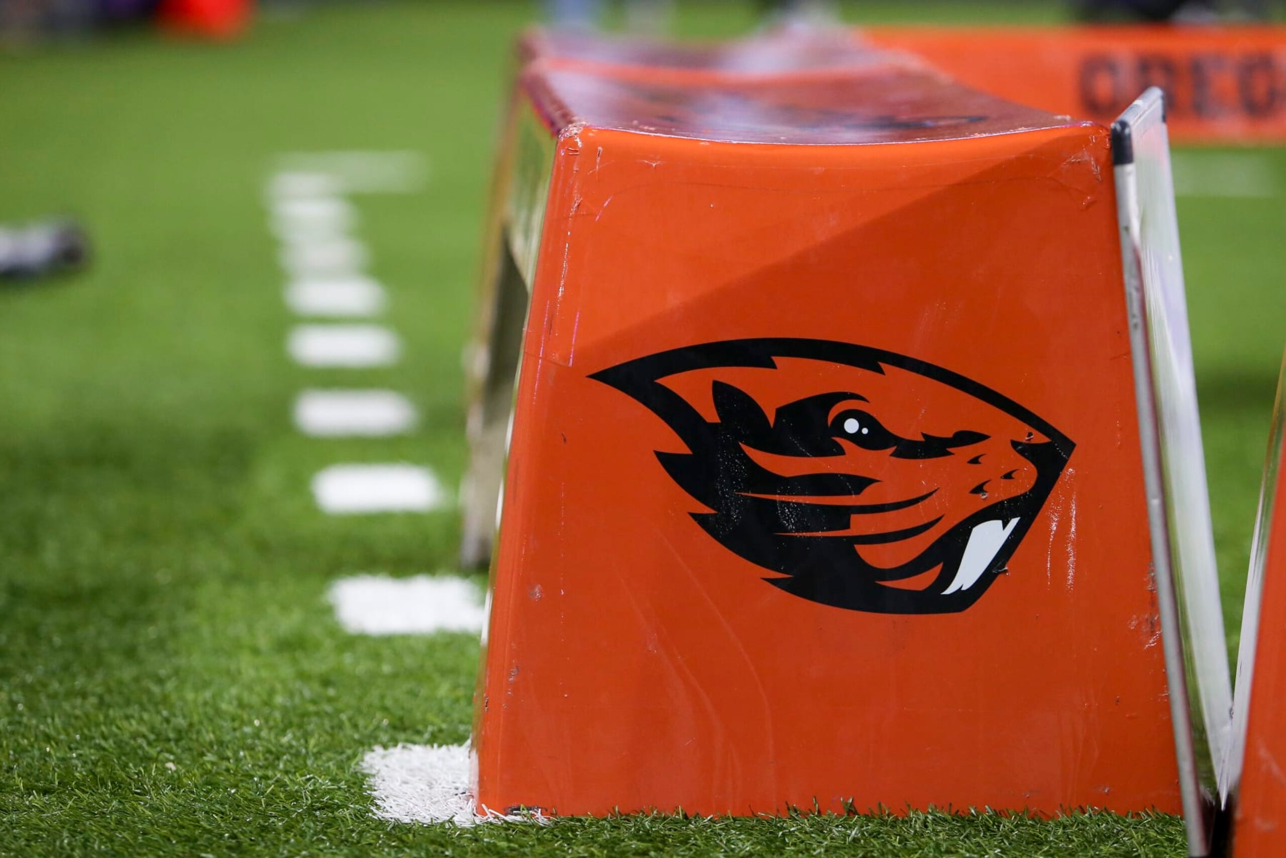 SEATTLE, WA - NOVEMBER 04: Oregon State Beavers logo on a bench during a college football game between the Oregon State Beavers and the Washington Huskies on November 04, 2022, at Husky Stadium in Seattle, WA. (Photo by Jacob Snow/Icon Sportswire via Getty Images)