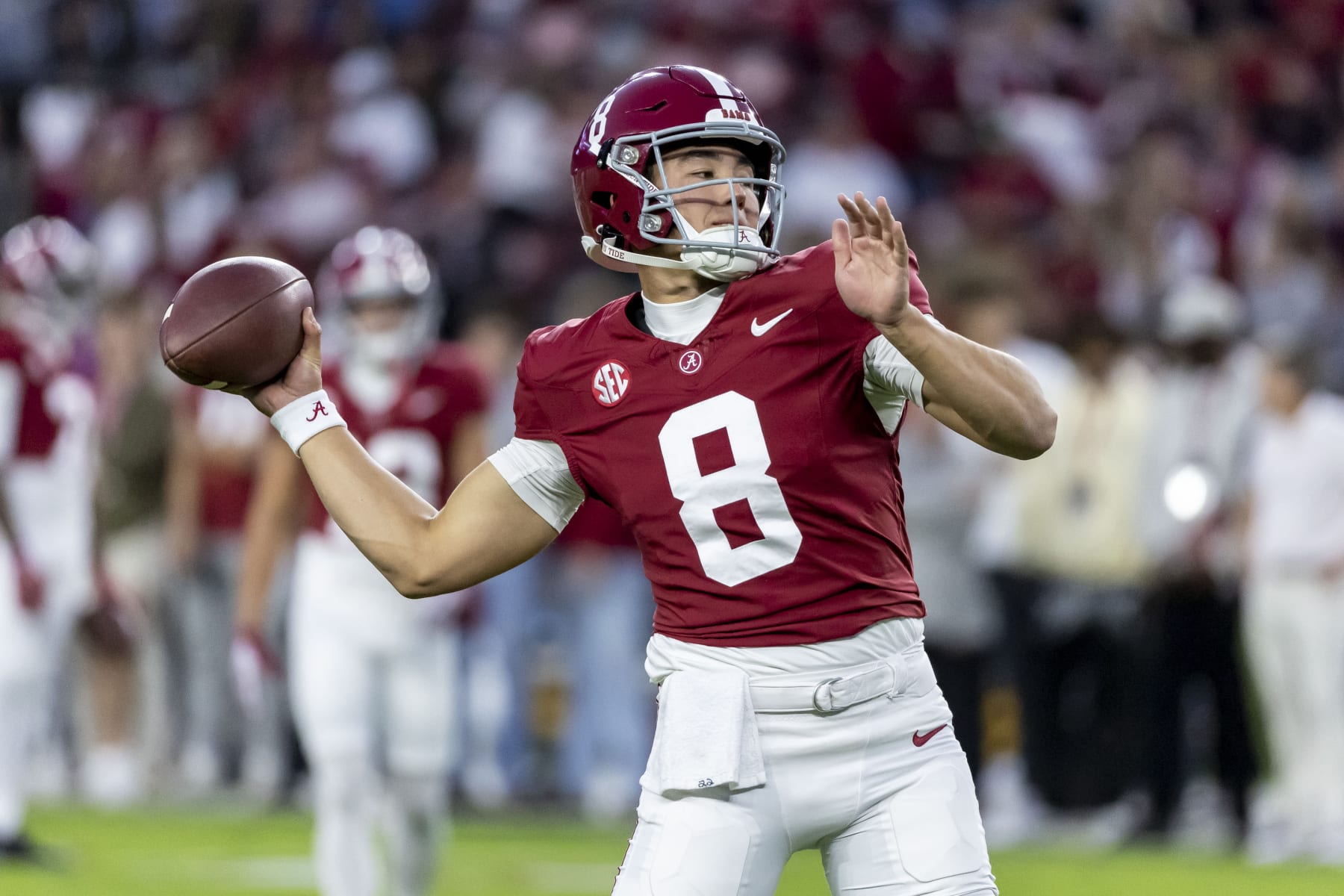 Alabama quarterback Tyler Buchner (8) warms up before an NCAA college football game against LSU, Saturday, Nov. 4, 2023, in Tuscaloosa, Ala. (AP Photo/Vasha Hunt)