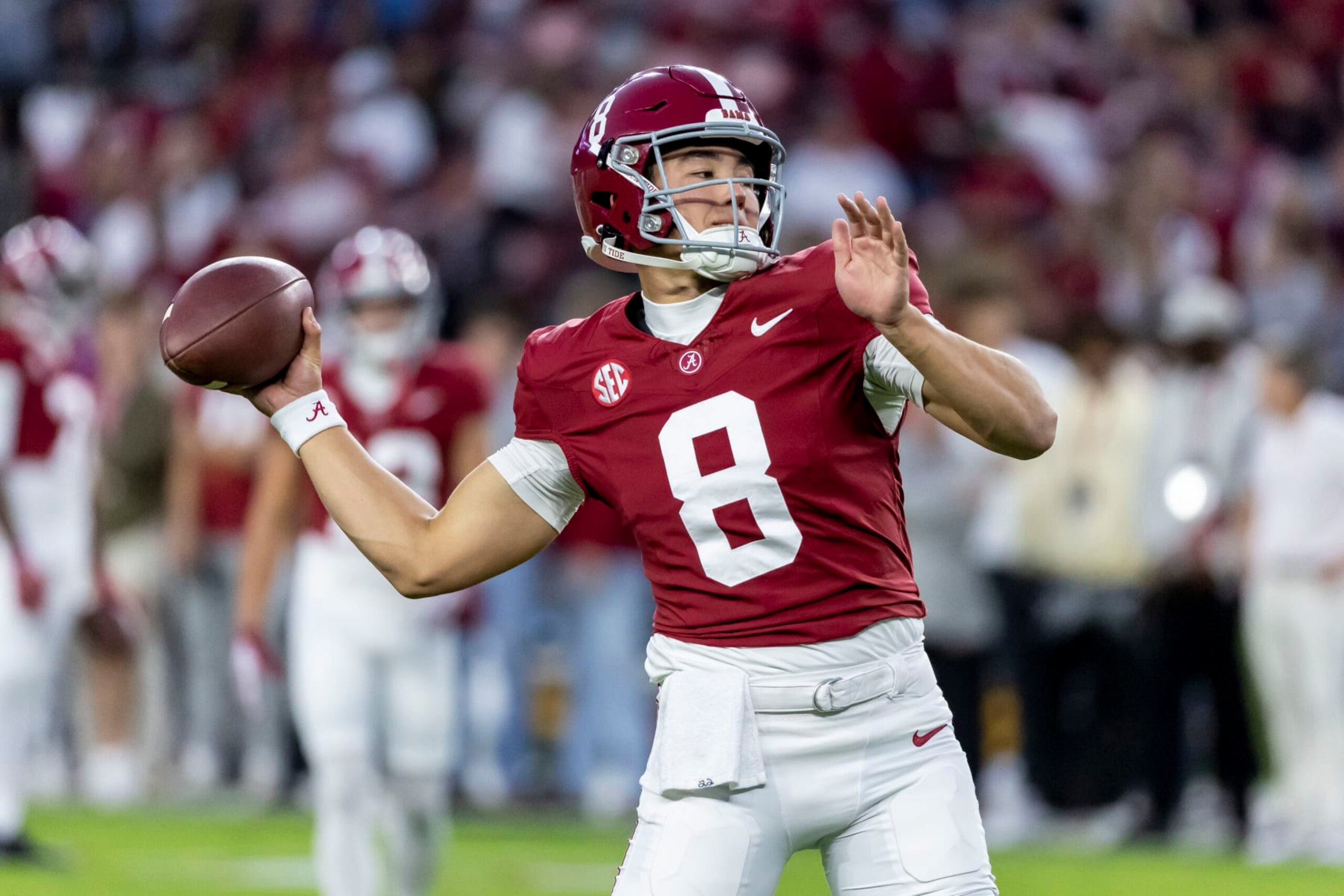 Alabama quarterback Tyler Buchner (8) warms up before an NCAA college football game against LSU, Saturday, Nov. 4, 2023, in Tuscaloosa, Ala. (AP Photo/Vasha Hunt)