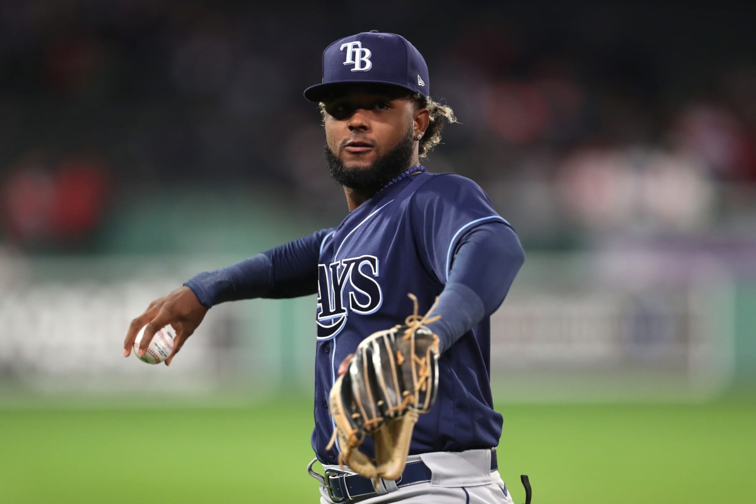 BOSTON, MASSACHUSETTS - SEPTEMBER 26: Junior Caminero #1 of the Tampa Bay Rays warms up before playing against the Boston Red Sox at Fenway Park on September 26, 2023 in Boston, Massachusetts. (Photo by Paul Rutherford/Getty Images)