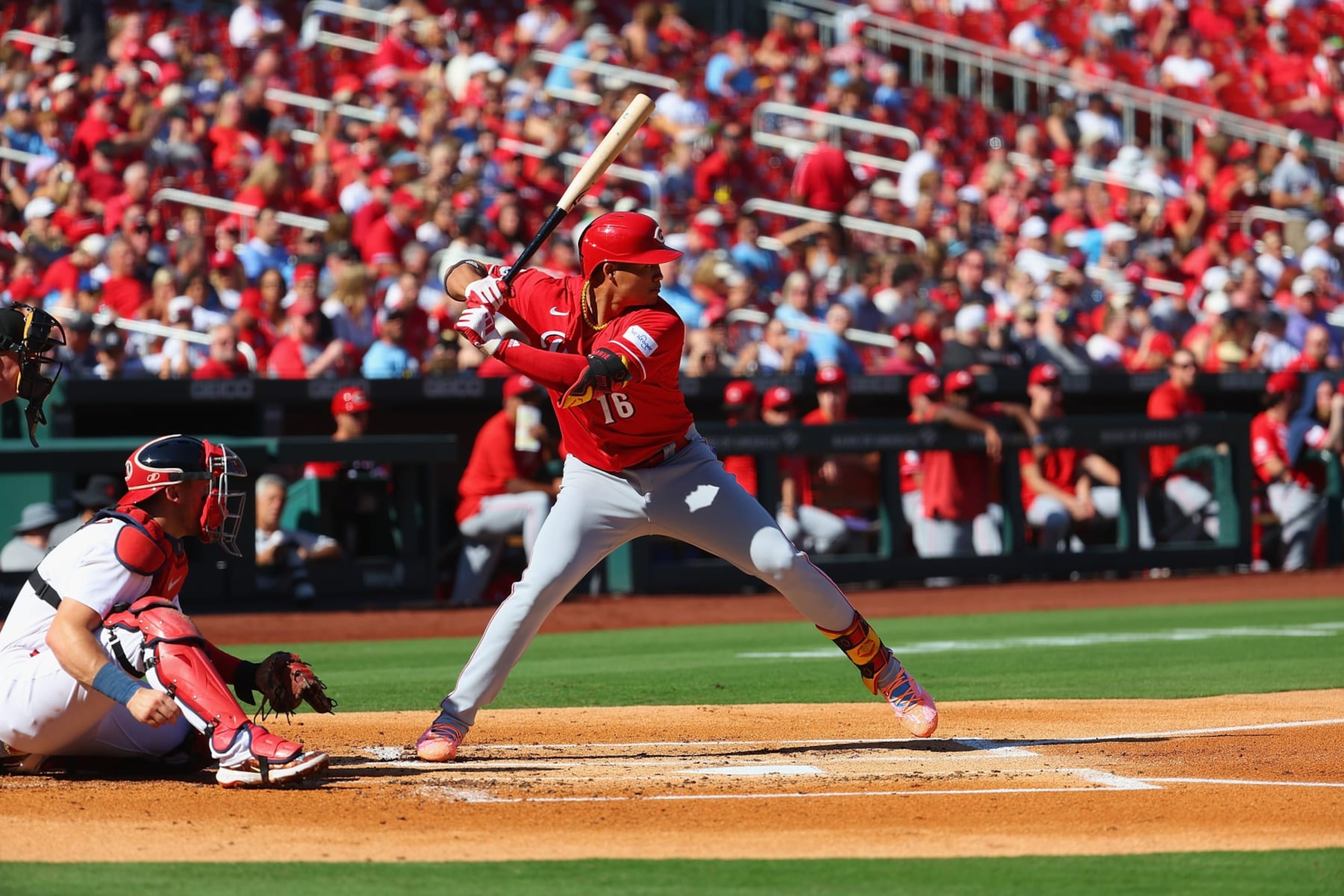 ST LOUIS, MISSOURI - OCTOBER 1: Noelvi Marte #16 of the Cincinnati Reds bats against the St. Louis Cardinals at Busch Stadium on October 1, 2023 in St Louis, Missouri. (Photo by Dilip Vishwanat/Getty Images)