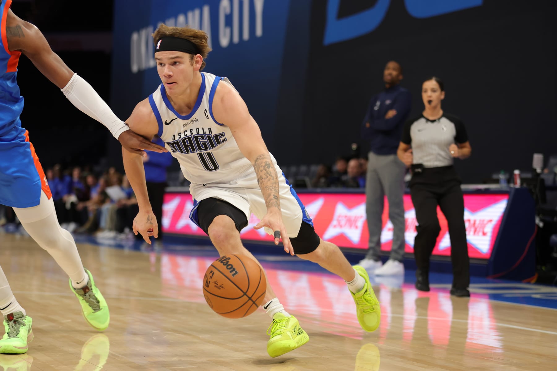 OKLAHOMA CITY, OKLAHOMA - NOVEMBER 28: Mac McClung #0 of the Osceola Magic handles the ball during a G-League game against the Oklahoma City Blue on November 28th, 2023 at the Paycom Center in Oklahoma City, Oklahoma. NOTE TO USER: User expressly acknowledges and agrees that, by downloading and/or using this Photograph, user is consenting to the terms and conditions of the Getty Images License Agreement. Mandatory Copyright Notice: Copyright 2023 NBAE (Photo by Martin McGrew/NBAE via Getty Images)
