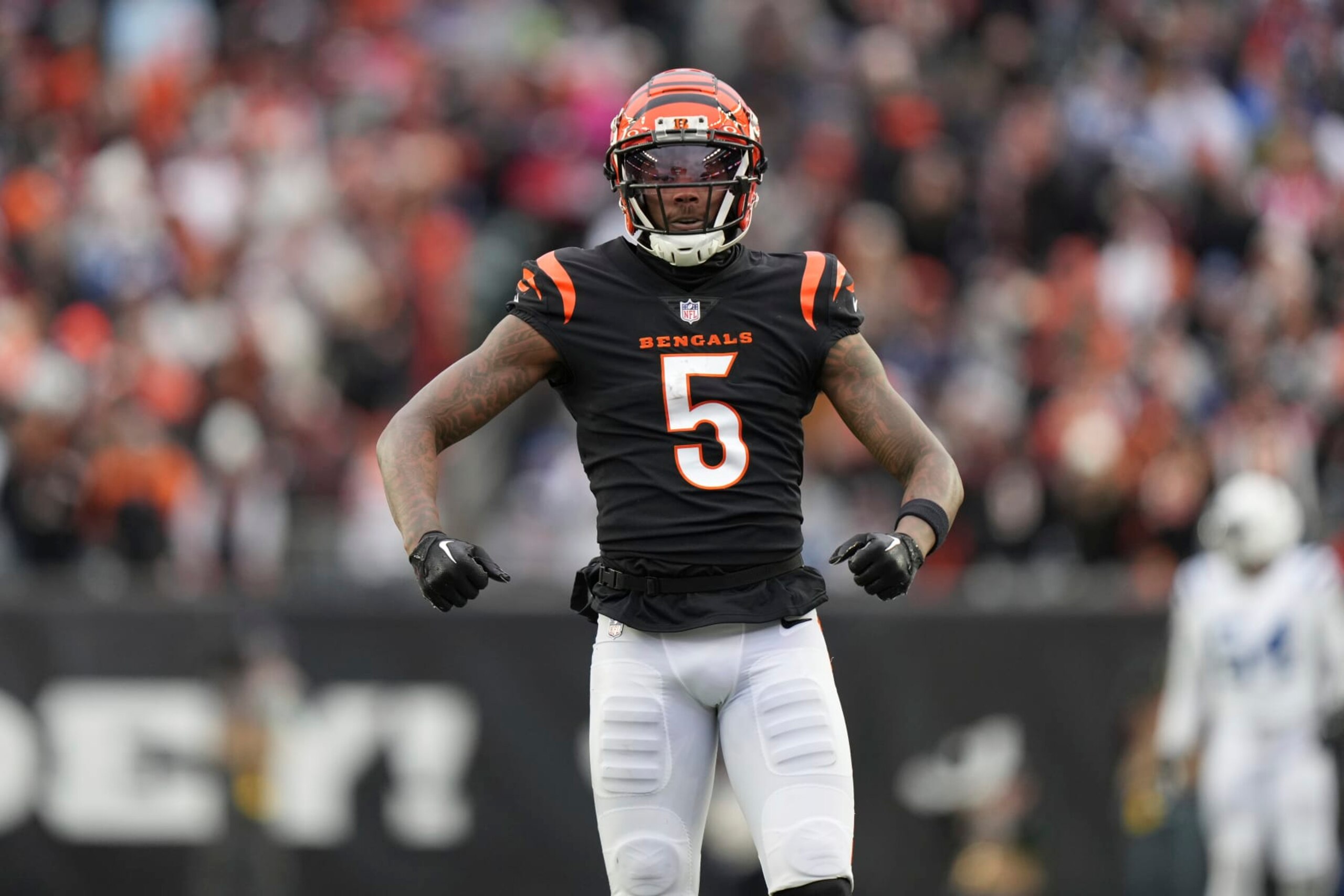 Cincinnati Bengals wide receiver Tee Higgins (5) celebrate after a first down catch during an NFL football game against the Indianapolis Colts, Sunday, Dec. 10, 2023, in Cincinnati, OH. (AP Photo/Peter Joneleit)