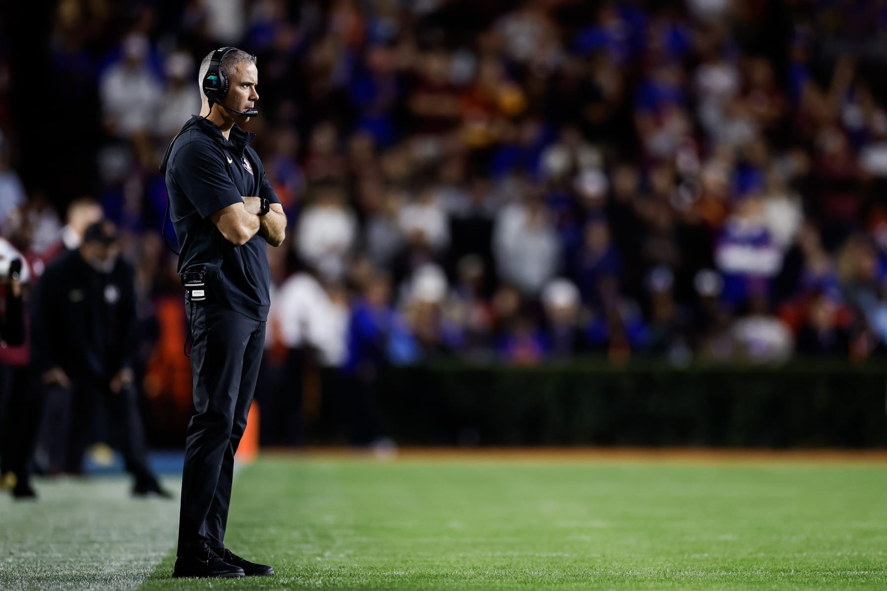 GAINESVILLE, FLORIDA - NOVEMBER 25: Head coach Mike Norvell of the Florida State Seminoles looks on during the first half of a game against the Florida Gators at Ben Hill Griffin Stadium on November 25, 2023 in Gainesville, Florida. (Photo by James Gilbert/Getty Images) GAINESVILLE, FLORIDA - NOVEMBER 25: Head coach Mike Norvell of the Florida State Seminoles looks on during the first half of a game against the Florida Gators at Ben Hill Griffin Stadium on November 25, 2023 in Gainesville, Florida. (Photo by James Gilbert/Getty Images)