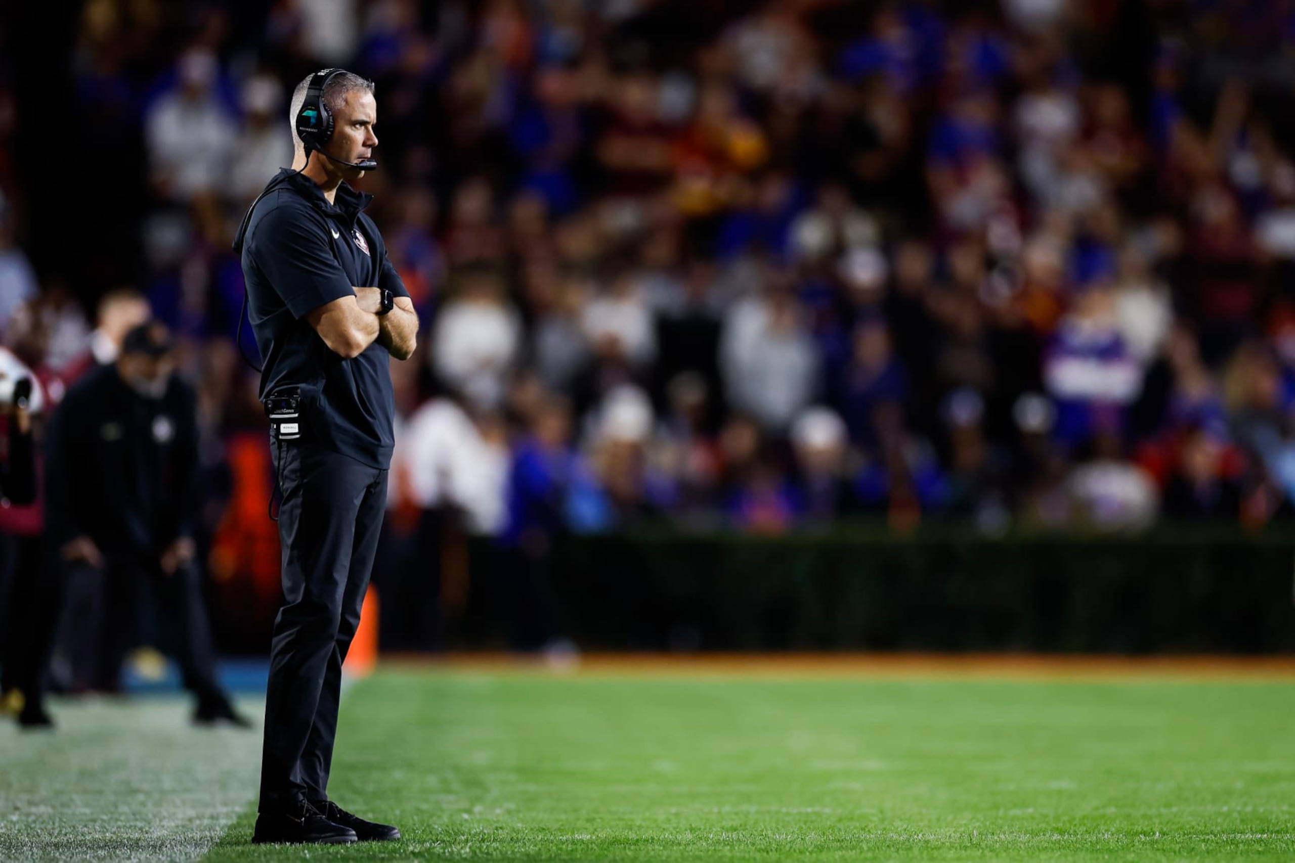 GAINESVILLE, FLORIDA - NOVEMBER 25: Head coach Mike Norvell of the Florida State Seminoles looks on during the first half of a game against the Florida Gators at Ben Hill Griffin Stadium on November 25, 2023 in Gainesville, Florida. (Photo by James Gilbert/Getty Images)