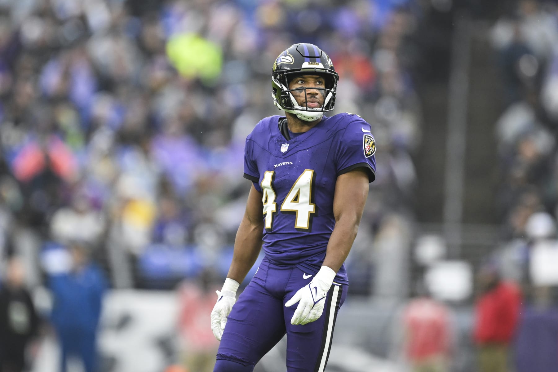 Baltimore Ravens cornerback Marlon Humphrey (44) looks on between plays during the first half of an NFL football game against the Los Angeles Rams, Sunday, Dec. 10, 2023, in Baltimore. (AP Photo/Terrance Williams)