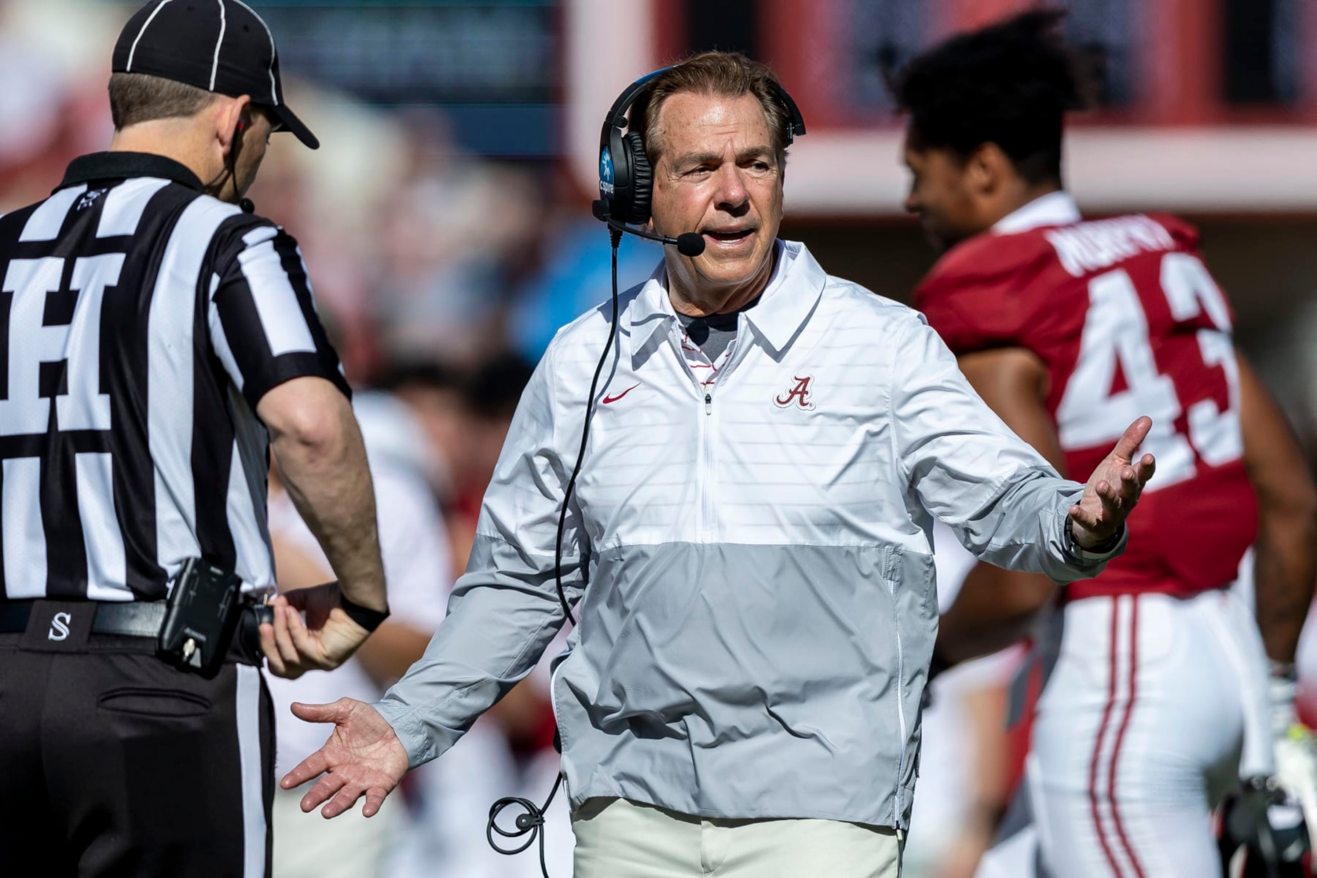 Alabama head coach Nick Saban argues against a targeting call during the first half of an NCAA college football game against Chattanooga, Saturday, Nov. 18, 2023, in Tuscaloosa, Ala. (AP Photo/Vasha Hunt) Alabama head coach Nick Saban argues against a targeting call during the first half of an NCAA college football game against Chattanooga, Saturday, Nov. 18, 2023, in Tuscaloosa, Ala. (AP Photo/Vasha Hunt)