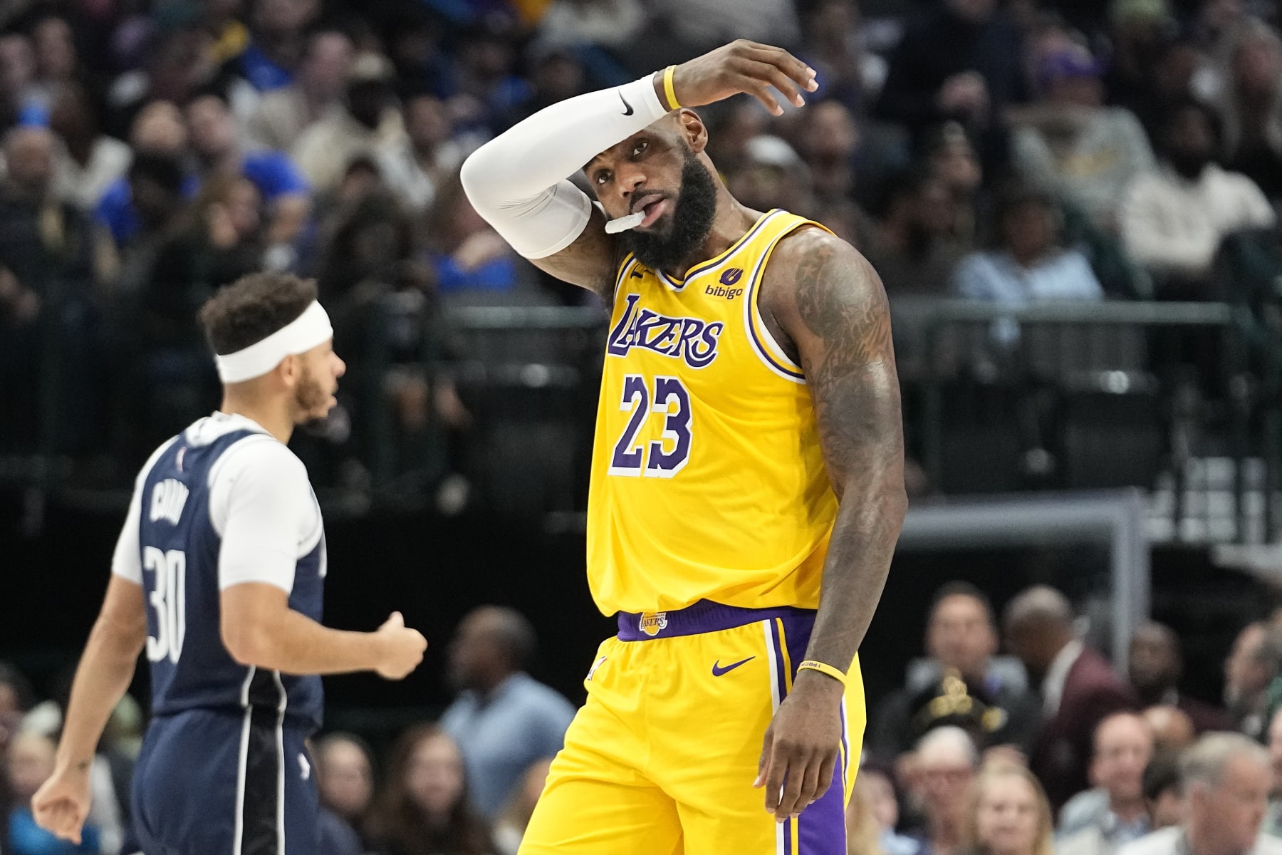Los Angeles Lakers forward LeBron James during the first half of an NBA basketball game against the Dallas Mavericks in Dallas, Tuesday, Dec. 12, 2023. (AP Photo/LM Otero)