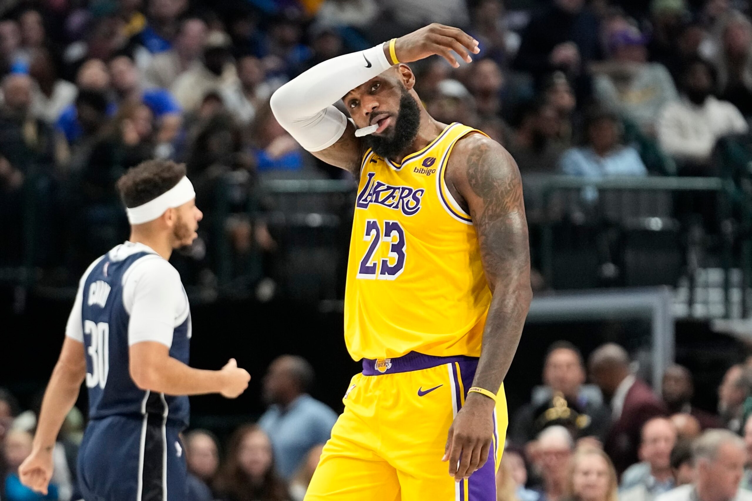 Los Angeles Lakers forward LeBron James during the first half of an NBA basketball game against the Dallas Mavericks in Dallas, Tuesday, Dec. 12, 2023. (AP Photo/LM Otero)