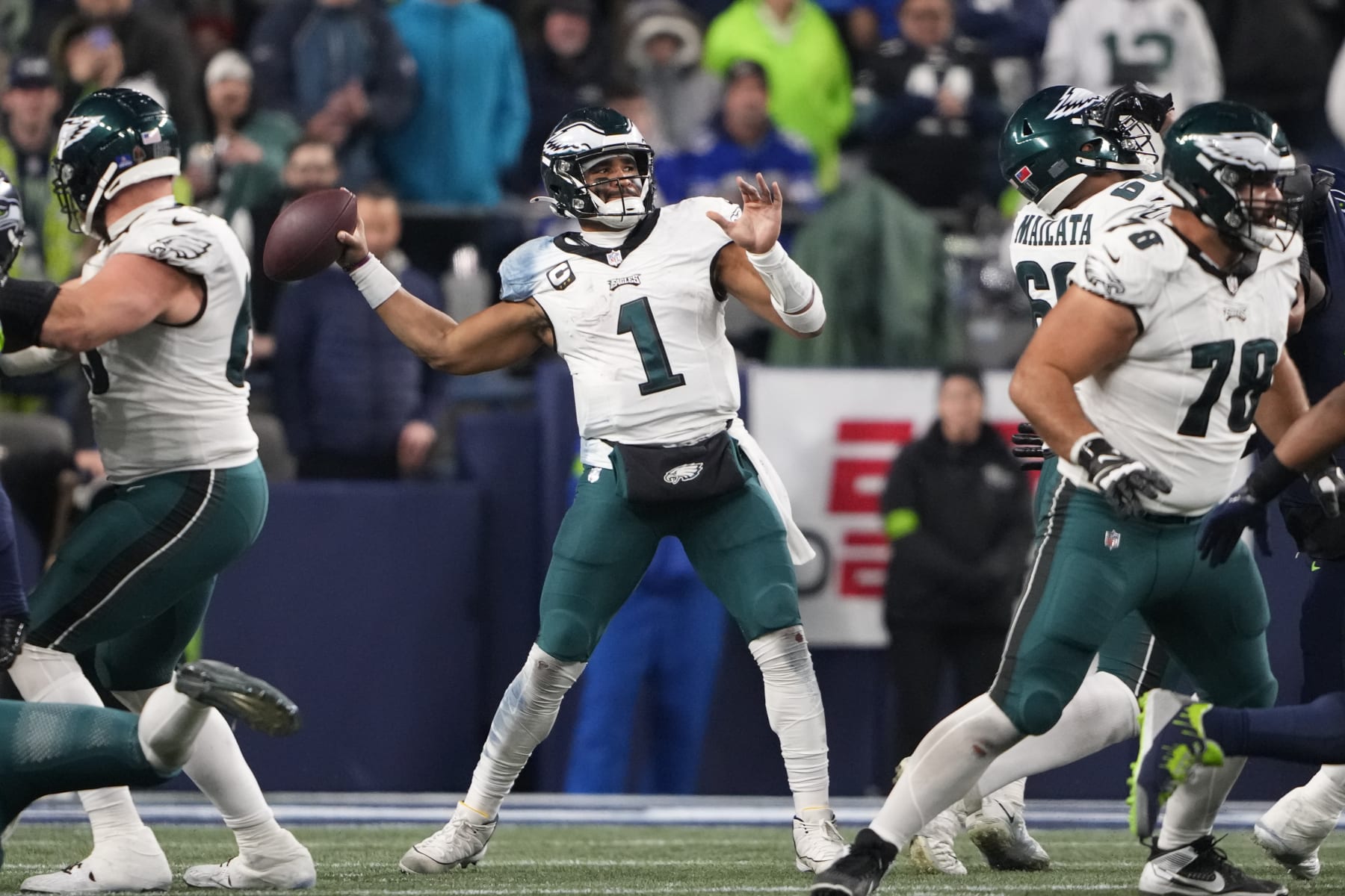 Philadelphia Eagles quarterback Jalen Hurts (1) throws against the Seattle Seahawks during the second half of an NFL football game, Monday, Dec. 18, 2023, in Seattle. The Seahawks won 20-17. (AP Photo/Lindsey Wasson)