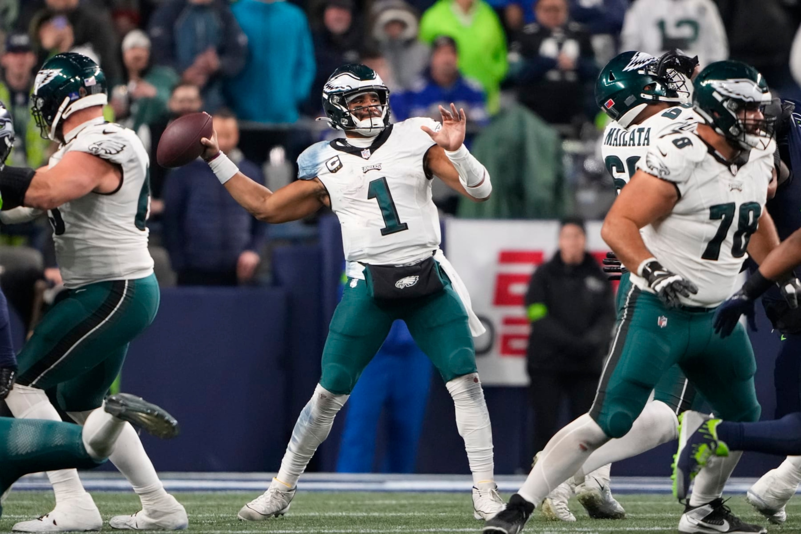 Philadelphia Eagles quarterback Jalen Hurts (1) throws against the Seattle Seahawks during the second half of an NFL football game, Monday, Dec. 18, 2023, in Seattle. The Seahawks won 20-17. (AP Photo/Lindsey Wasson)