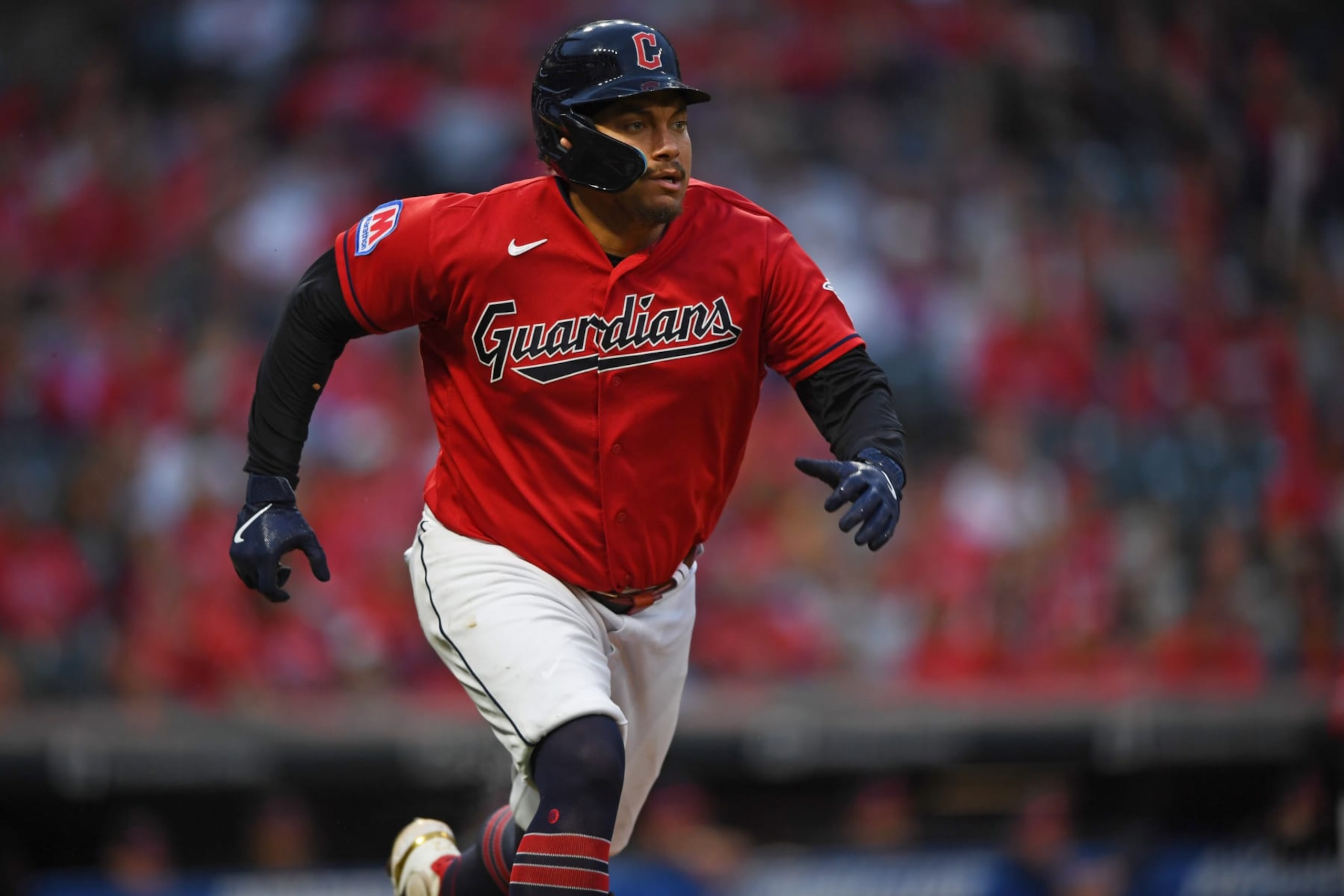 CLEVELAND, OHIO - SEPTEMBER 27, 2023: Josh Naylor #22 of the Cleveland Guardians runs out a single during the third inning against the Cincinnati Reds at Progressive Field on September 27, 2023 in Cleveland, Ohio. (Photo by George Kubas/Diamond Images via Getty Images)