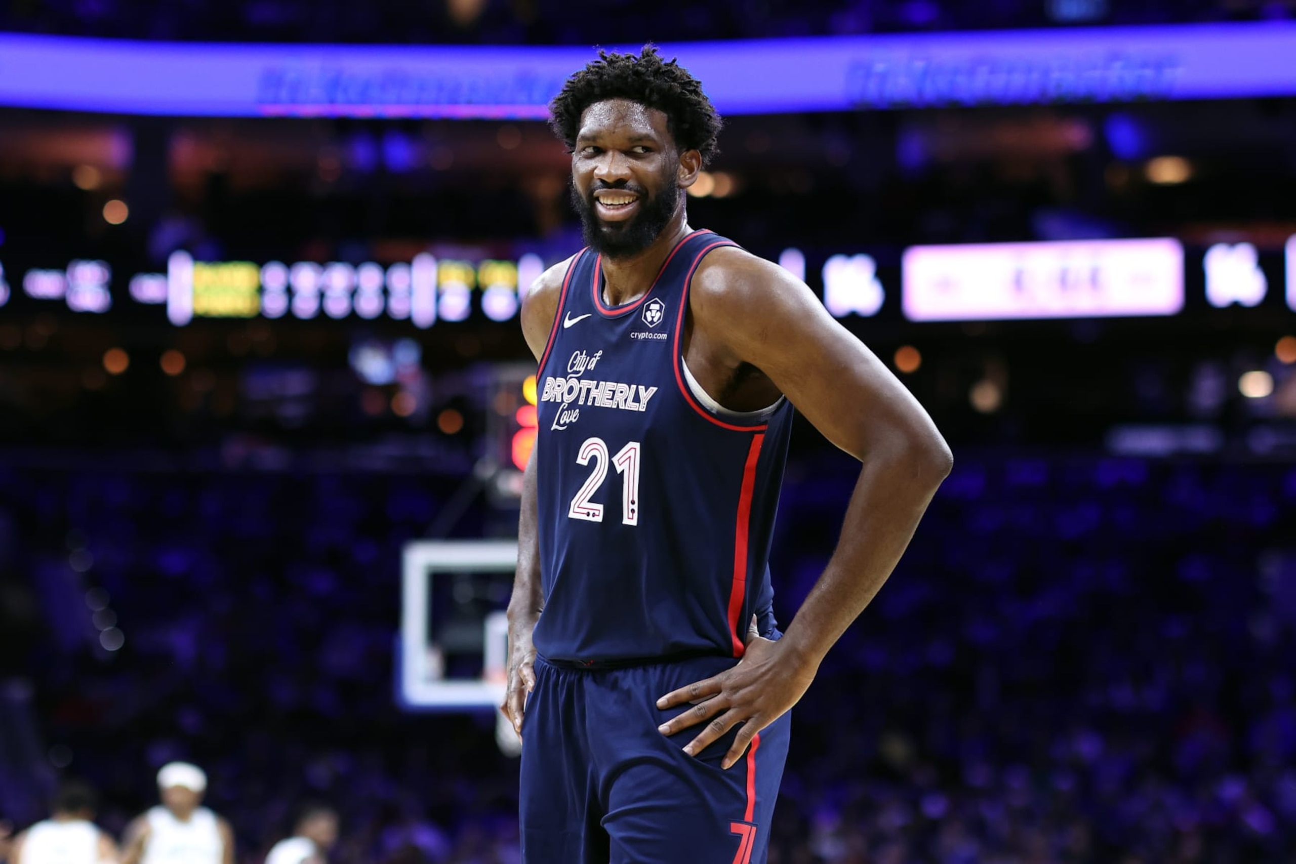 PHILADELPHIA, PENNSYLVANIA - DECEMBER 20: Joel Embiid #21 of the Philadelphia 76ers reacts during the first quarter against the Minnesota Timberwolves at the Wells Fargo Center on December 20, 2023 in Philadelphia, Pennsylvania. NOTE TO USER: User expressly acknowledges and agrees that, by downloading and or using this photograph, User is consenting to the terms and conditions of the Getty Images License Agreement. (Photo by Tim Nwachukwu/Getty Images)