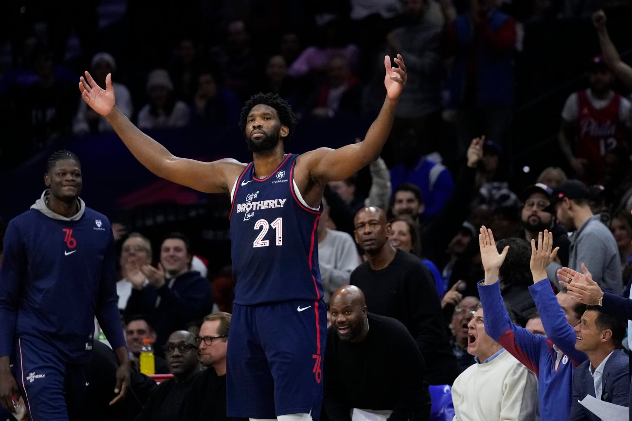 Philadelphia 76ers' Joel Embiid reacts during the second half of an NBA basketball game against the Minnesota Timberwolves, Wednesday, Dec. 20, 2023, in Philadelphia. (AP Photo/Matt Slocum)