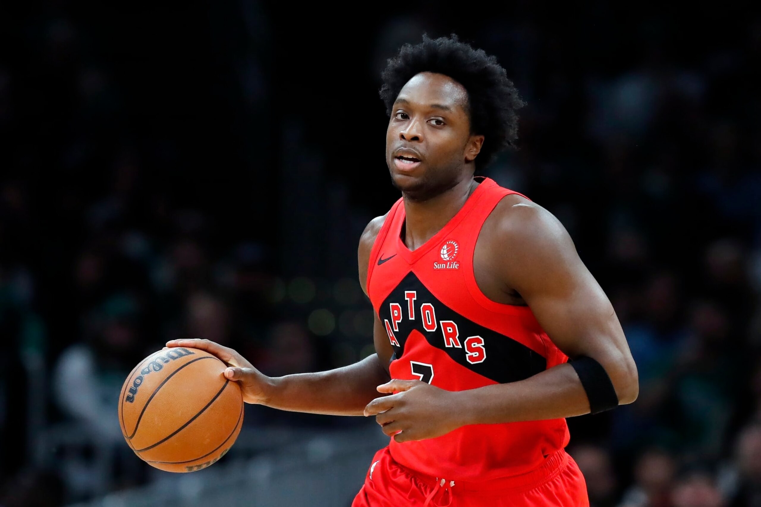 Toronto Raptors' O.G. Anunoby plays against the Boston Celtics during the first half of an NBA basketball game, Saturday, Nov. 11, 2023, in Boston. (AP Photo/Michael Dwyer)