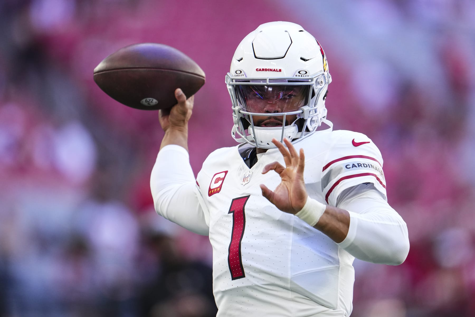 GLENDALE, AZ - DECEMBER 17: Kyler Murray #1 of the Arizona Cardinals warms up prior to an NFL football game against the San Francisco 49ers at State Farm Stadium on December 17, 2023 in Glendale, Arizona. (Photo by Cooper Neill/Getty Images)