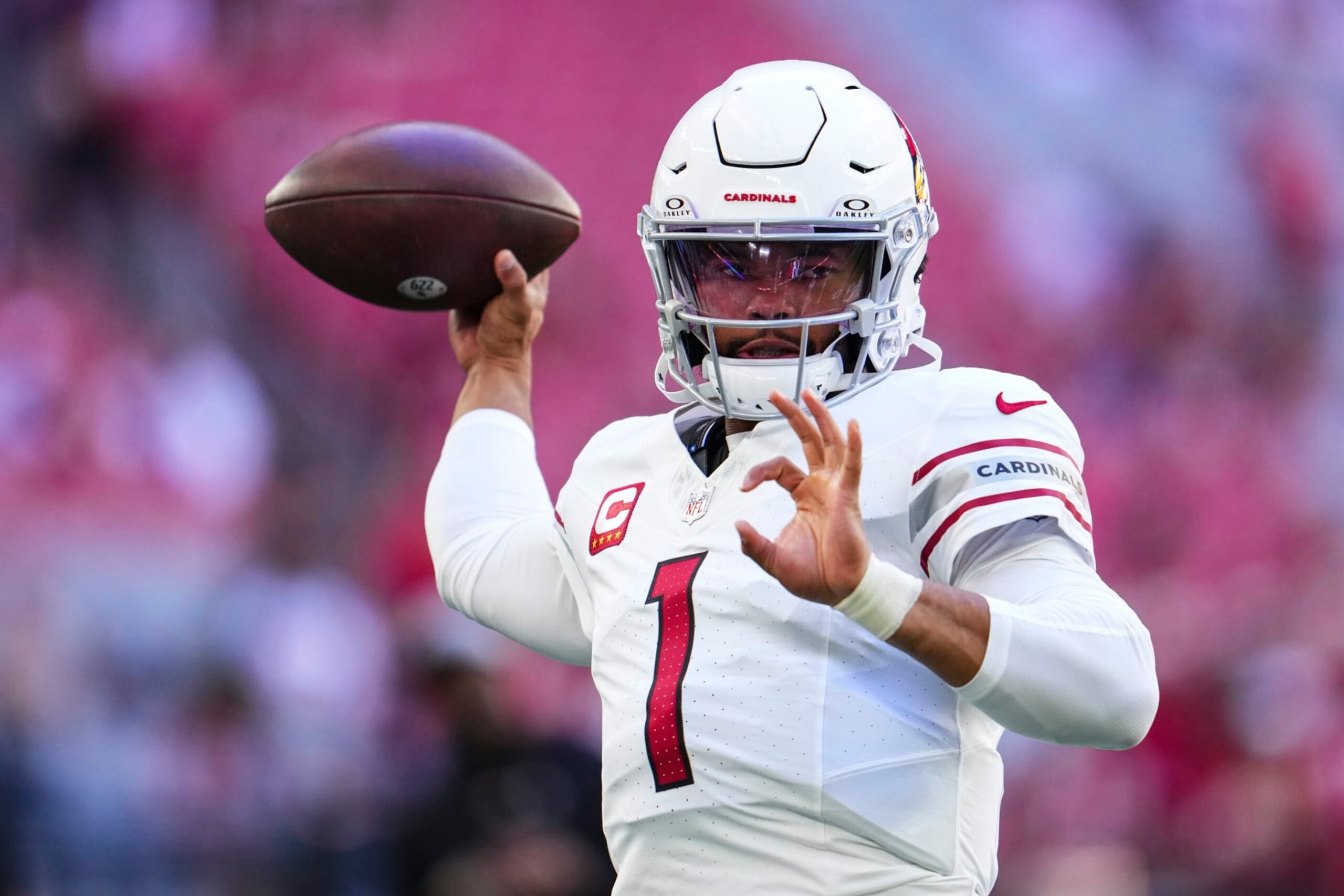GLENDALE, AZ - DECEMBER 17: Kyler Murray #1 of the Arizona Cardinals warms up prior to an NFL football game against the San Francisco 49ers at State Farm Stadium on December 17, 2023 in Glendale, Arizona. (Photo by Cooper Neill/Getty Images)